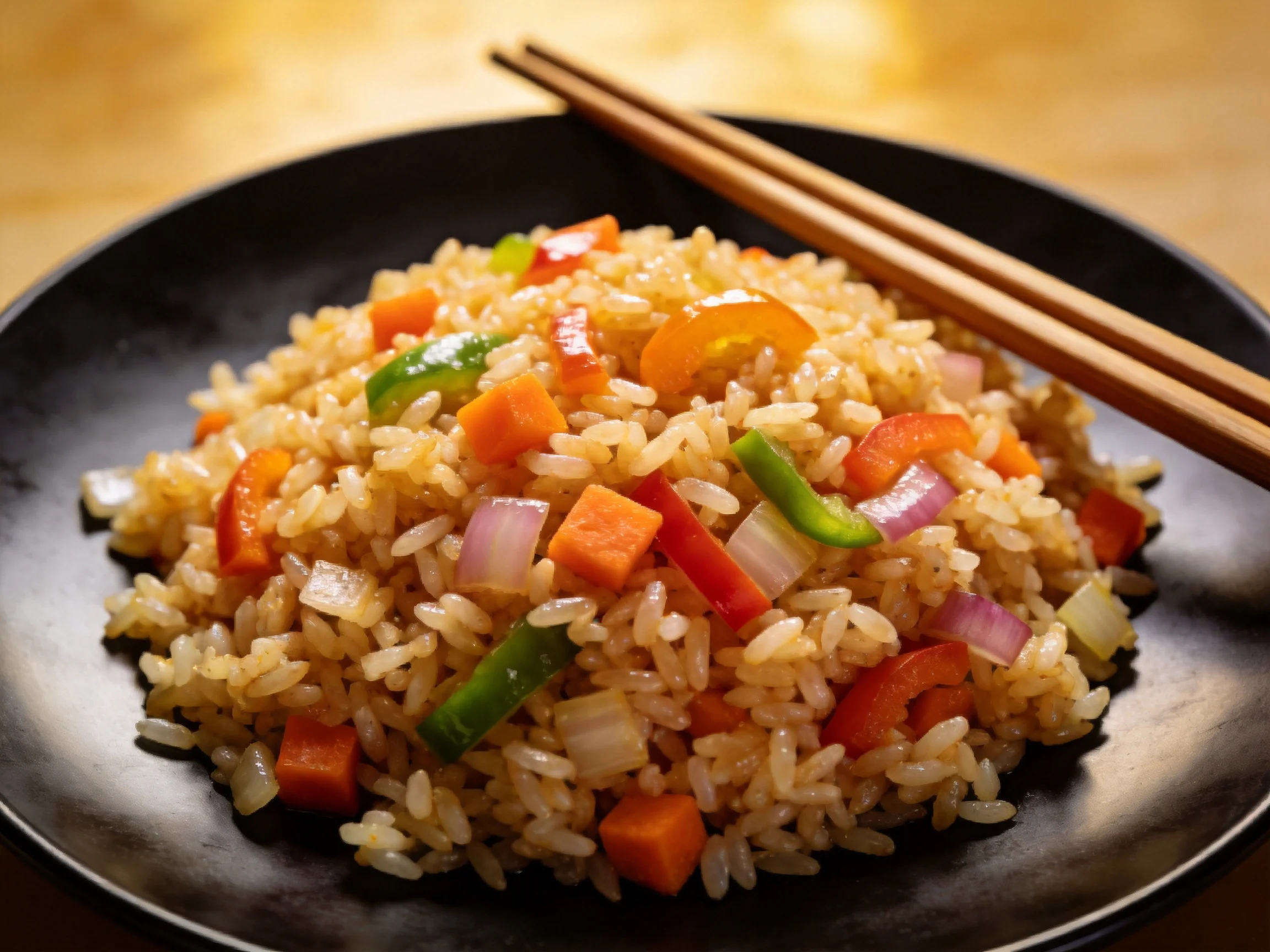 Colorful Vegetable Fried Rice Served on Black Plate with Wooden Chopsticks