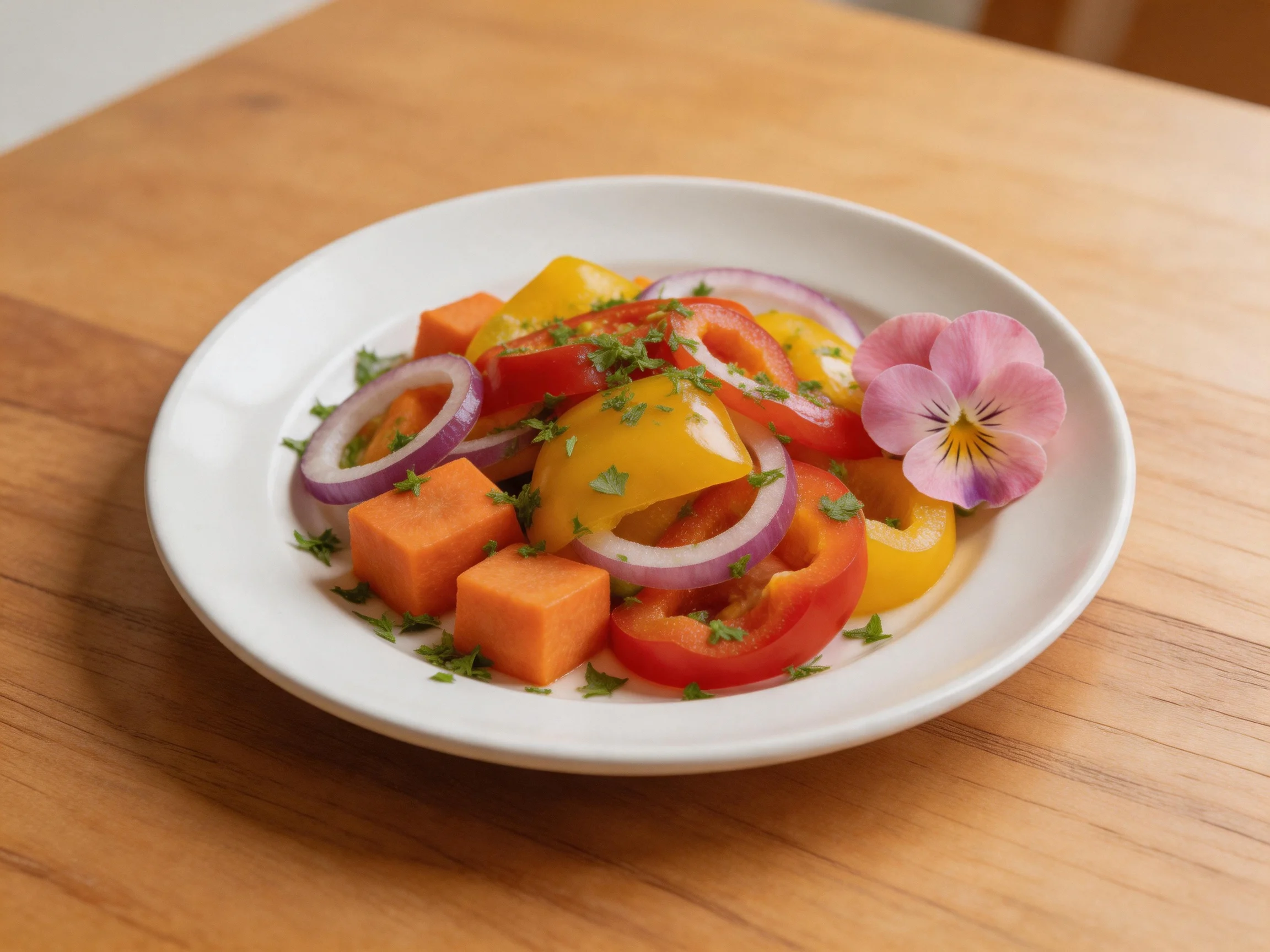 Colorful Vegetable Medley with Bell Peppers, Onions, Sweet Potatoes, and Edible Flower