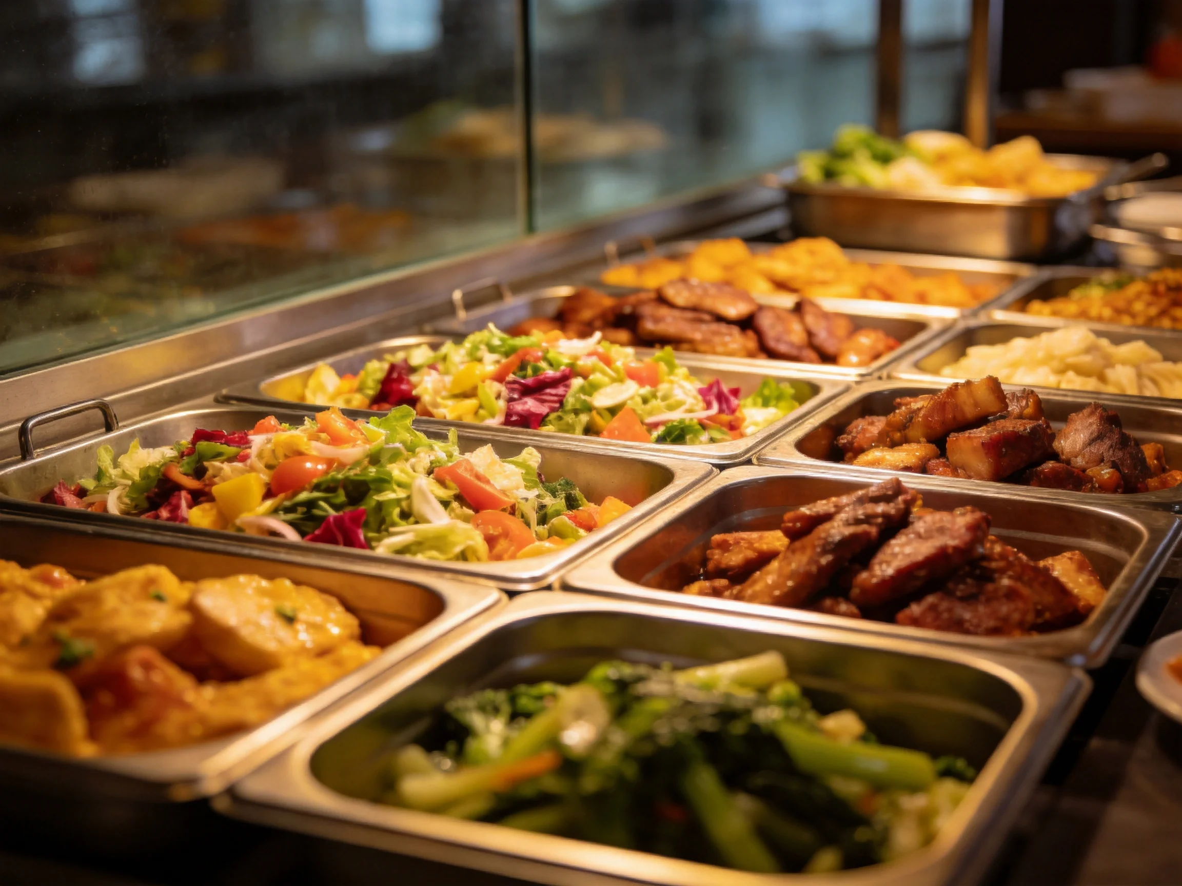 Colorful assorted dishes in stainless steel trays at a restaurant buffet