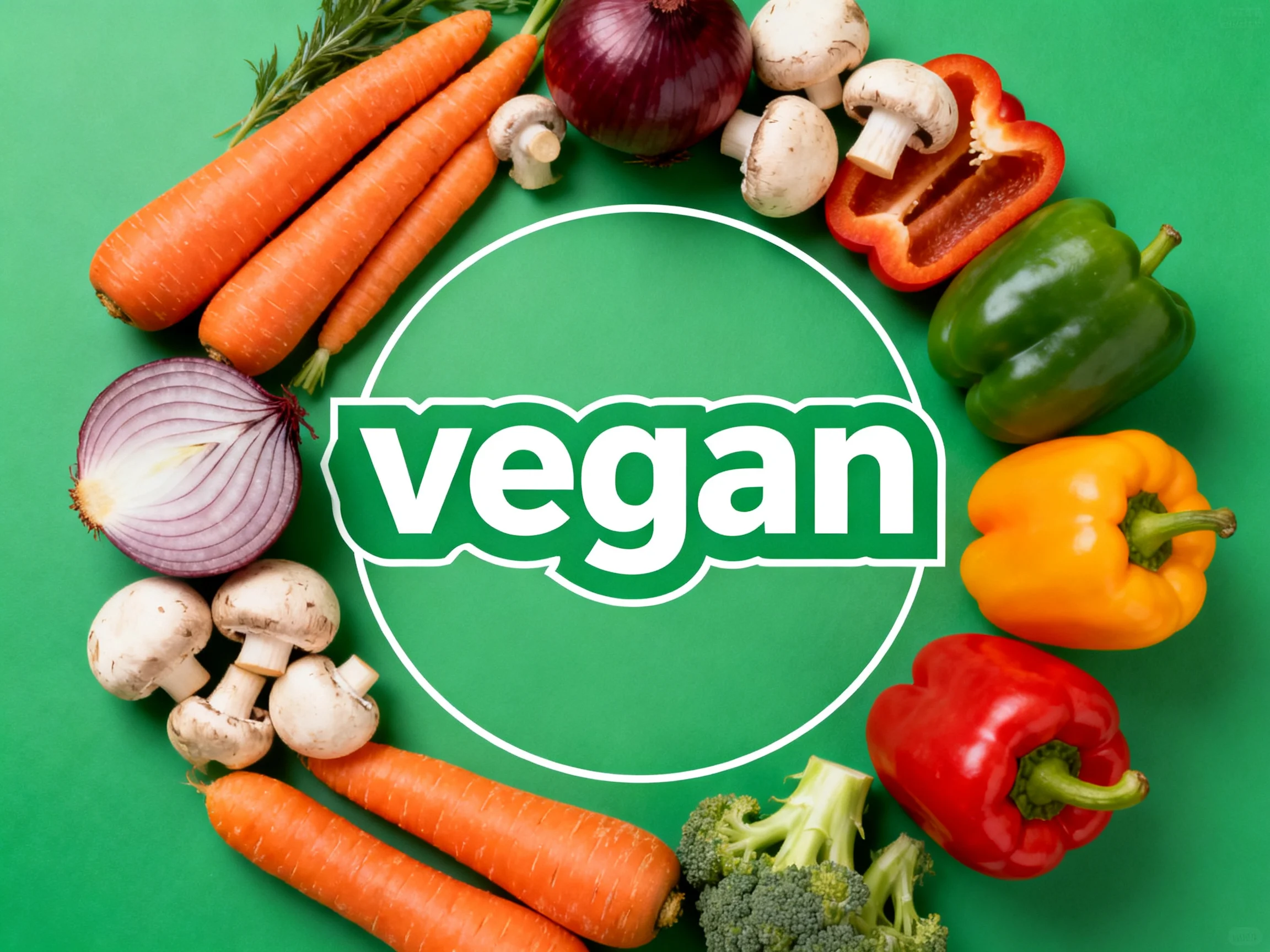 Colorful assortment of fresh vegetables arranged around vegan text on green backdrop