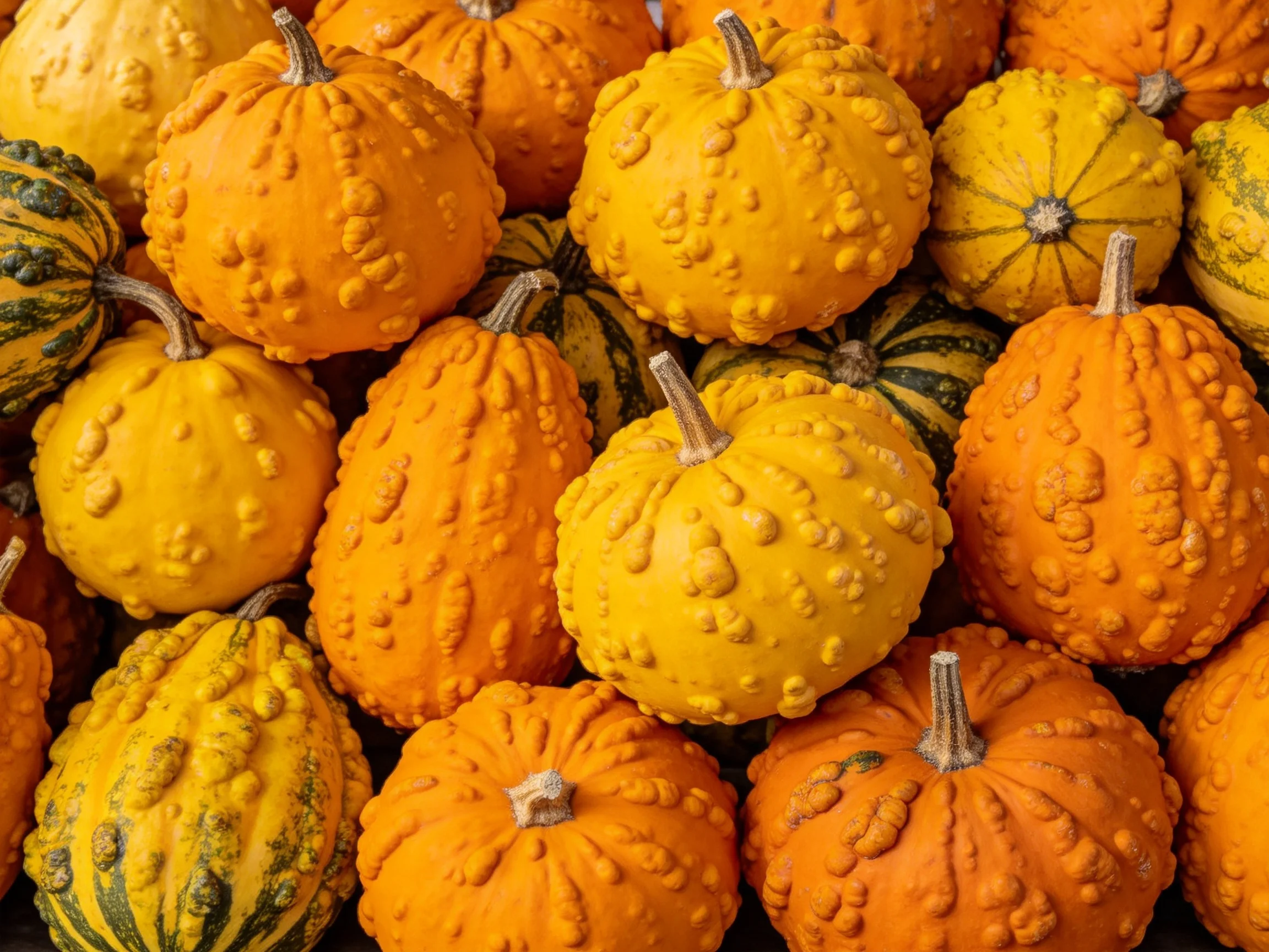 Colorful assortment of uniquely textured orange, yellow, and patterned gourds
