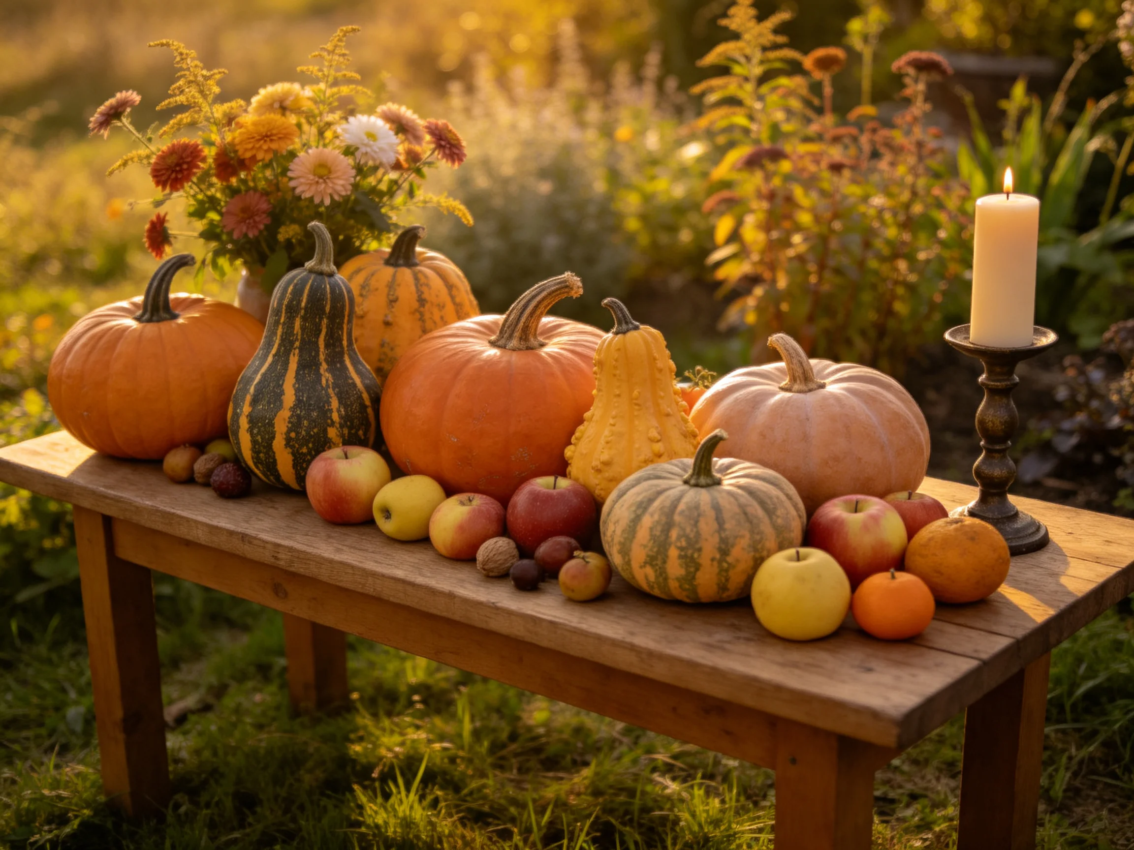 Colorful autumn harvest display with pumpkins, gourds, fruits, and flowers on a wooden bench