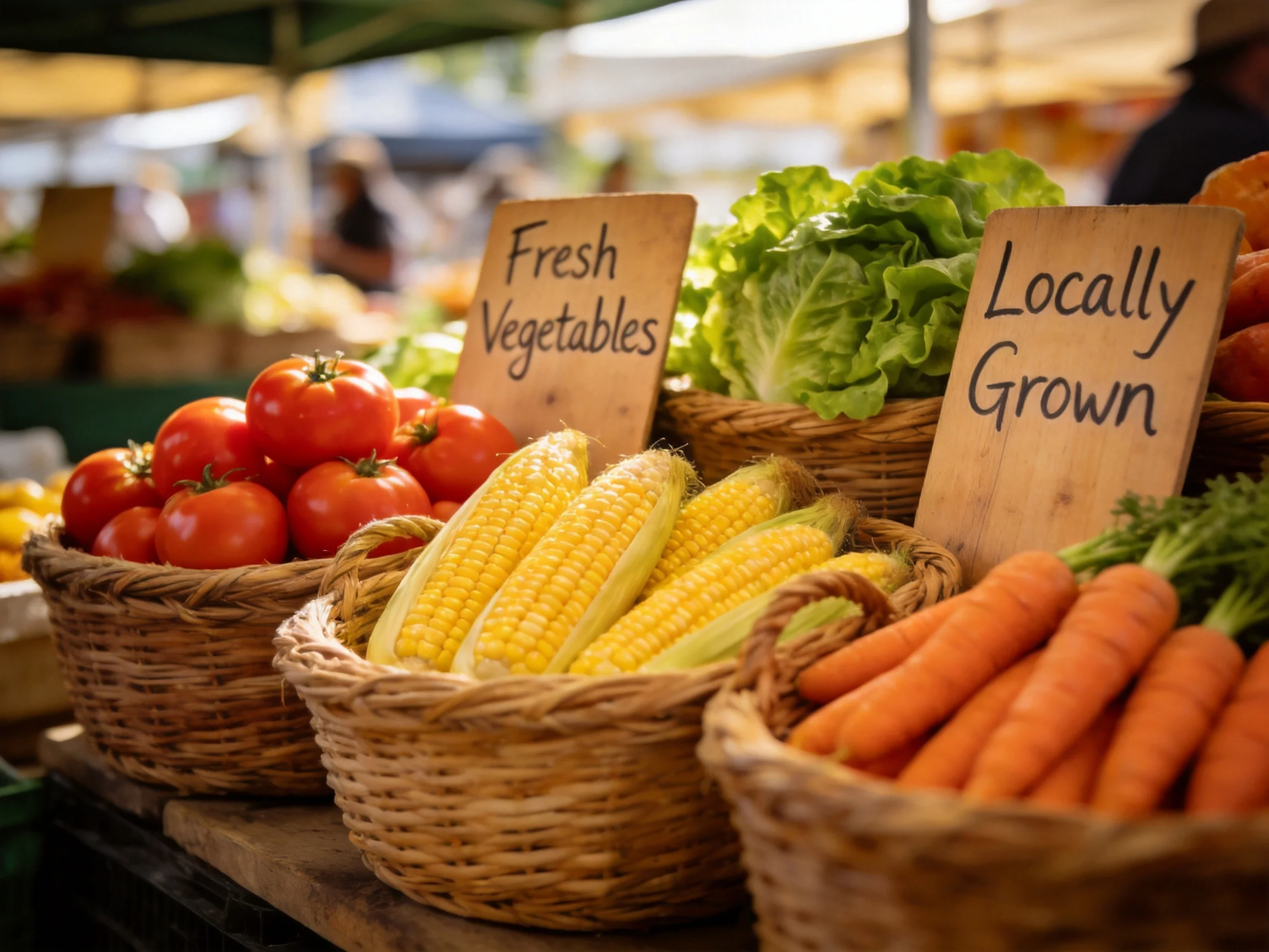 Colorful baskets of fresh vegetables including tomatoes, corn, lettuce, and carrots at a market