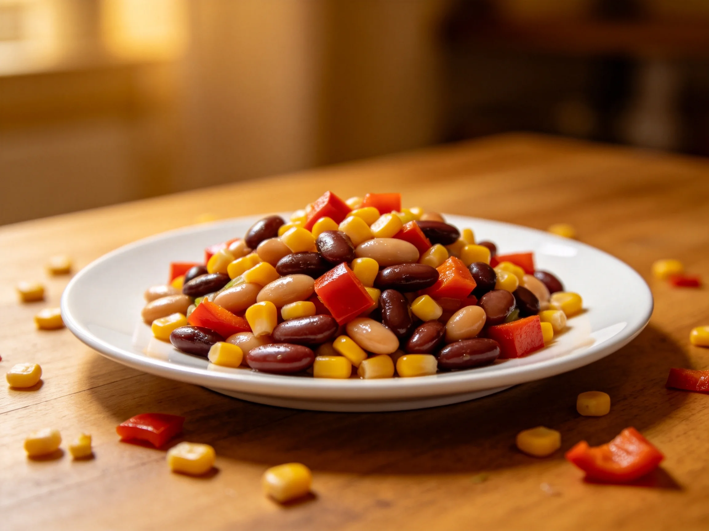 Colorful bean, corn, and pepper salad presented on a white dish