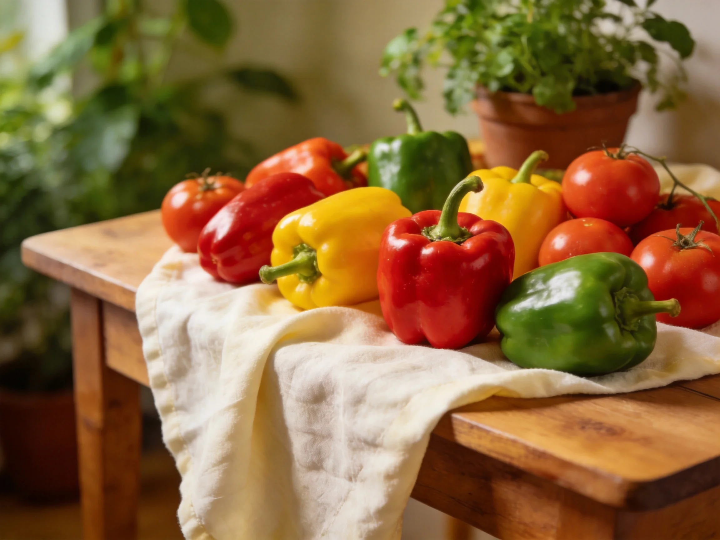 Colorful bell peppers and tomatoes arranged on a wooden table with potted plants