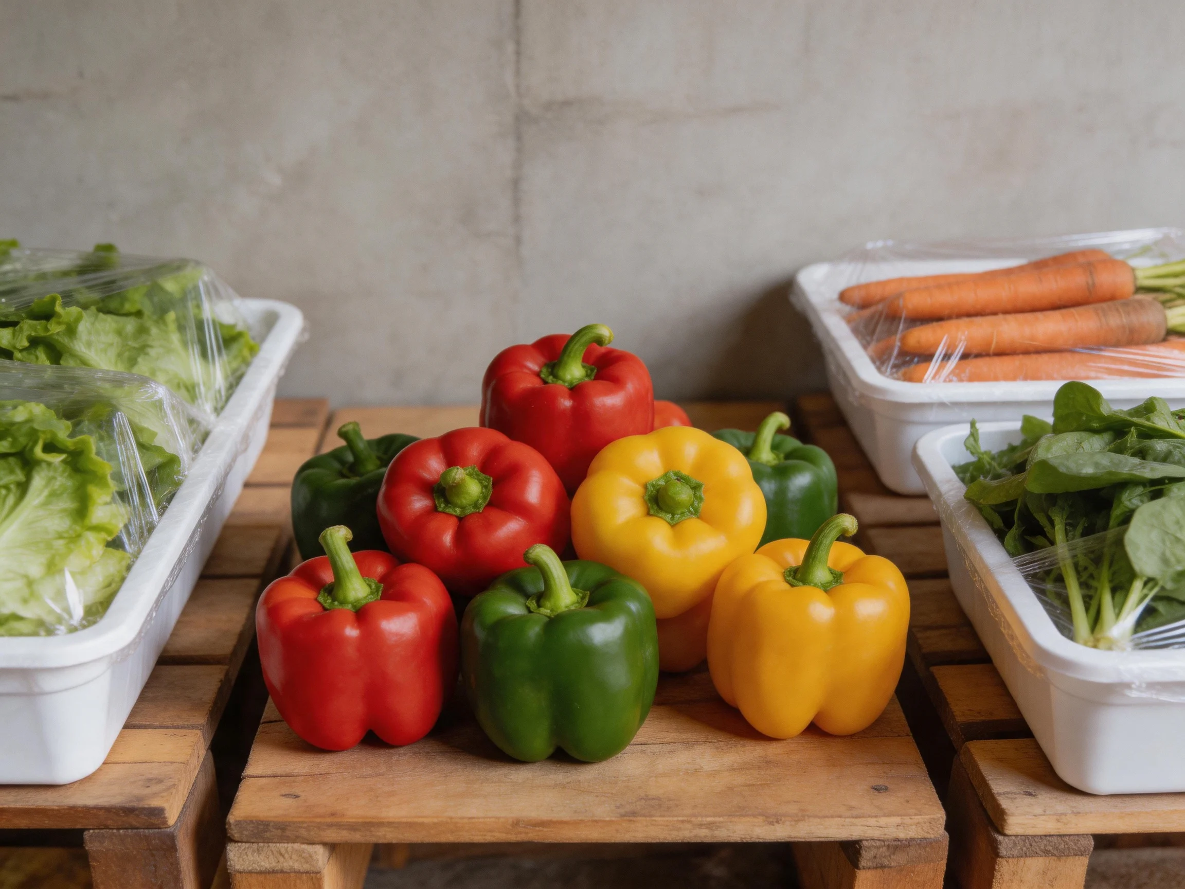 Colorful bell peppers arranged among leafy greens and carrots