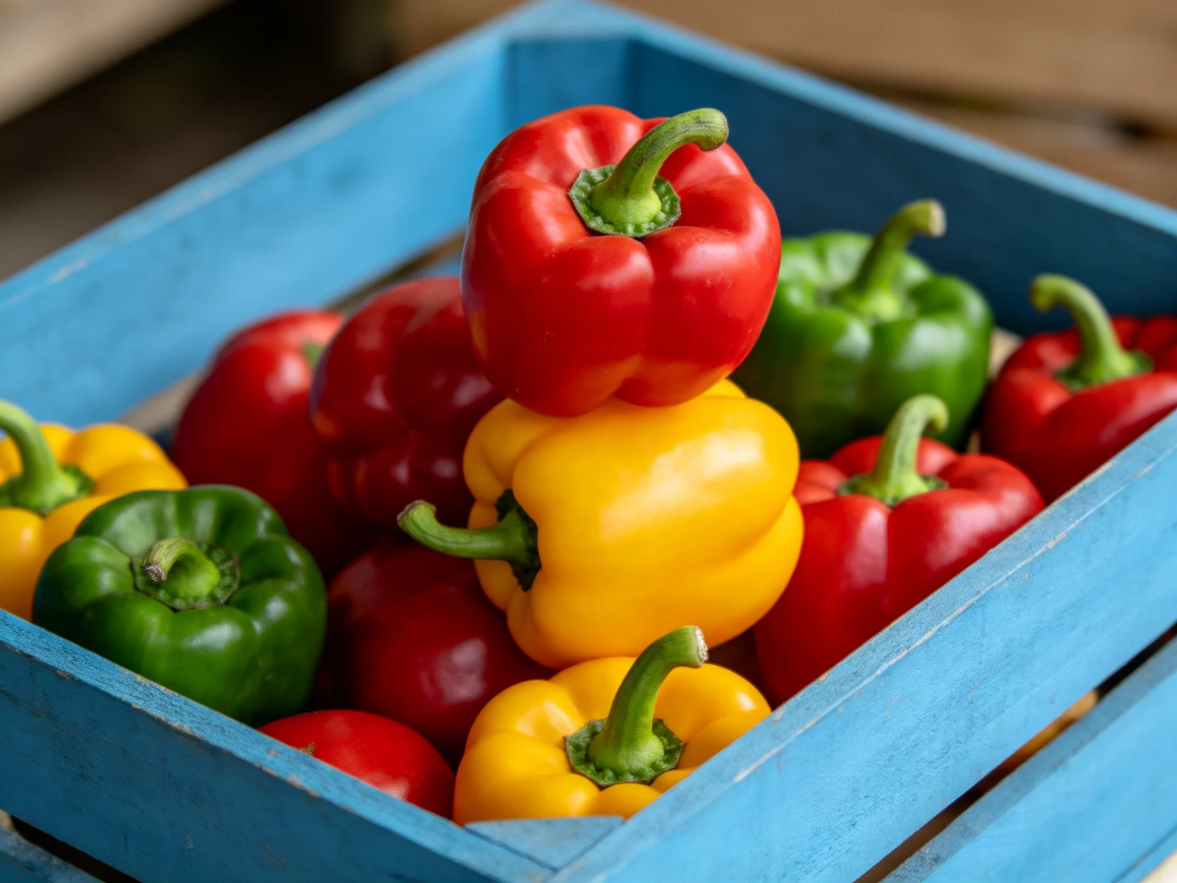 Colorful bell peppers arranged in a blue wooden crate