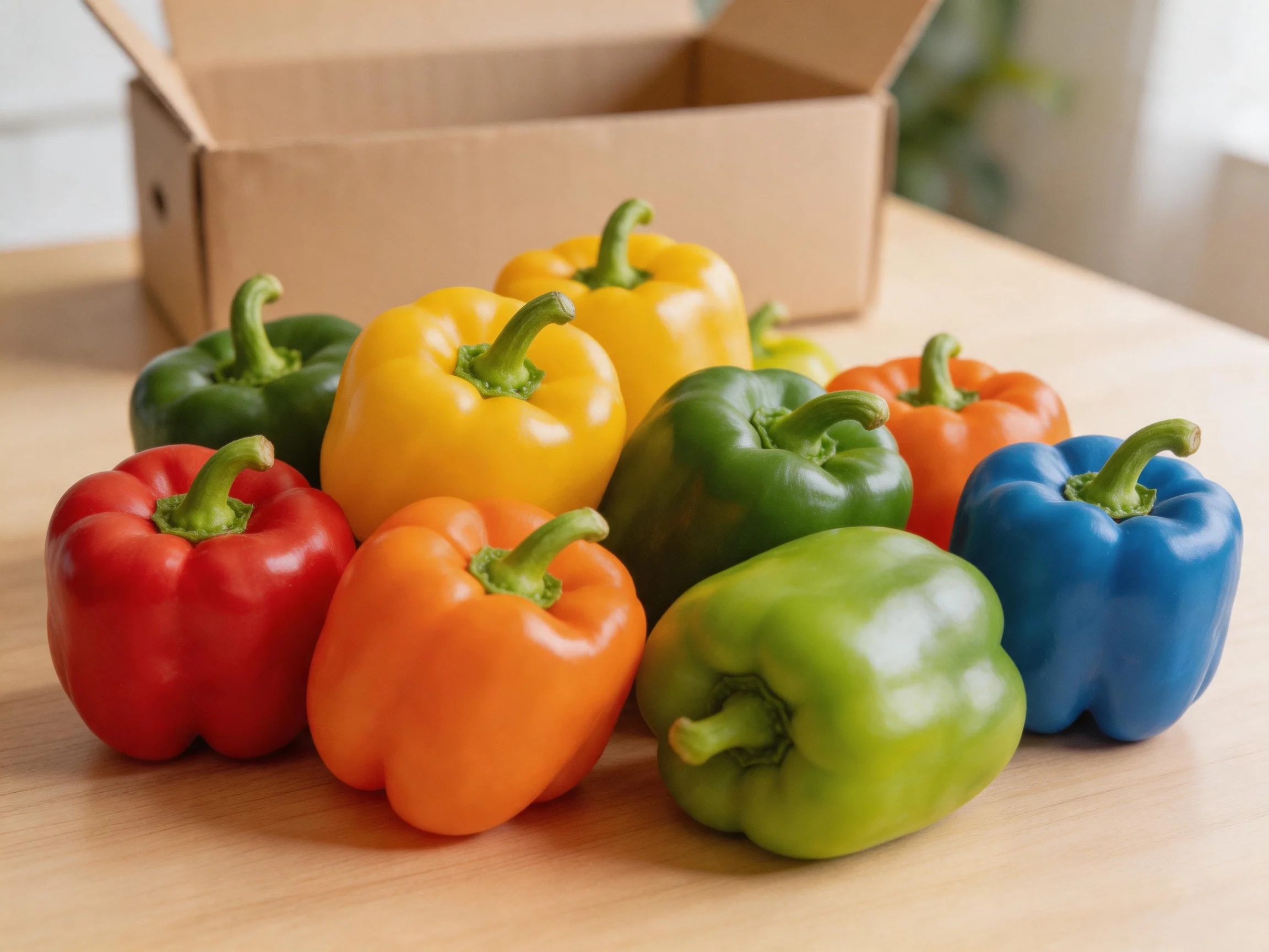Colorful bell peppers in assorted hues near an open cardboard box