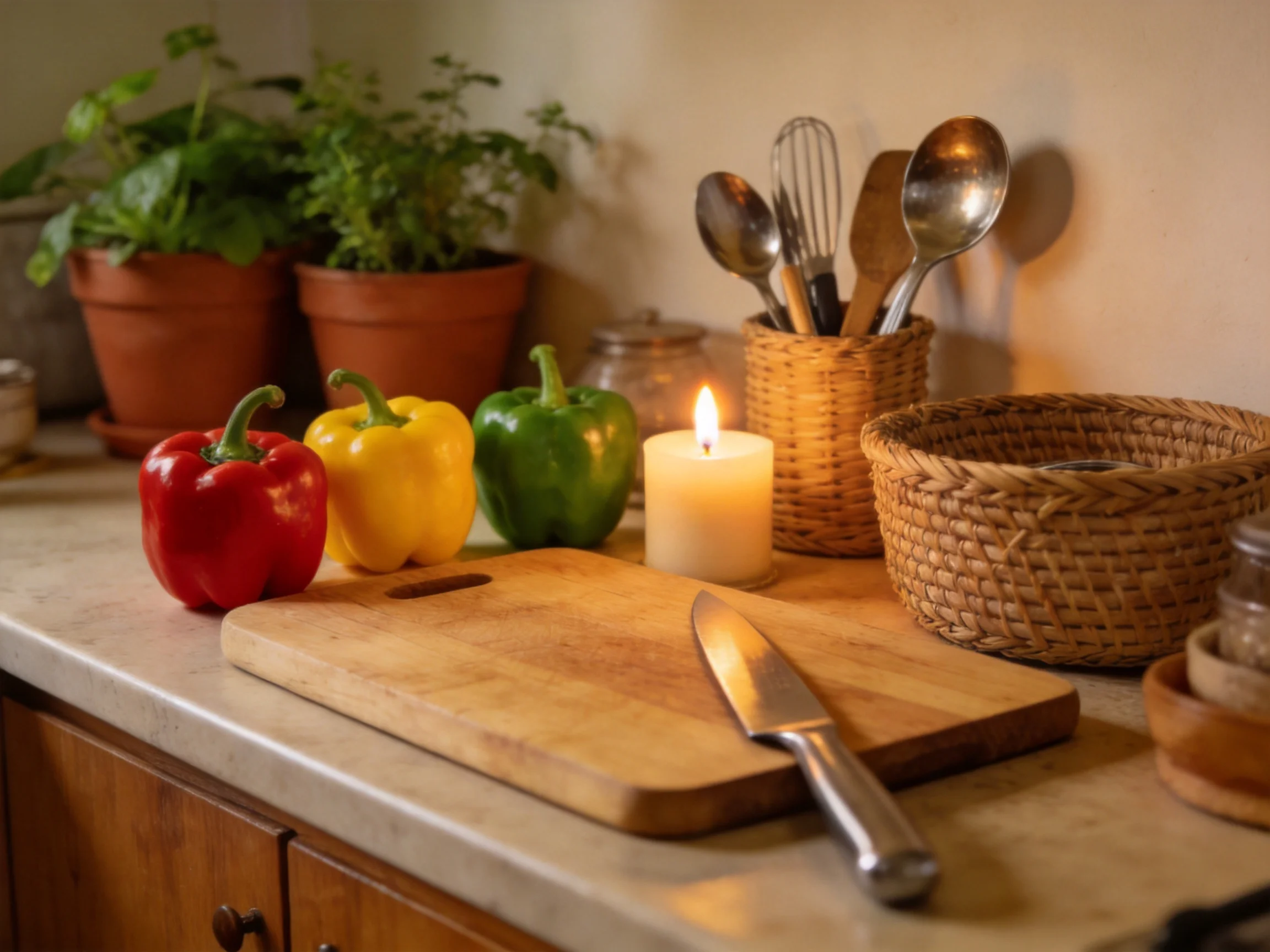 Colorful bell peppers, lit candle, and kitchenware with potted herbs