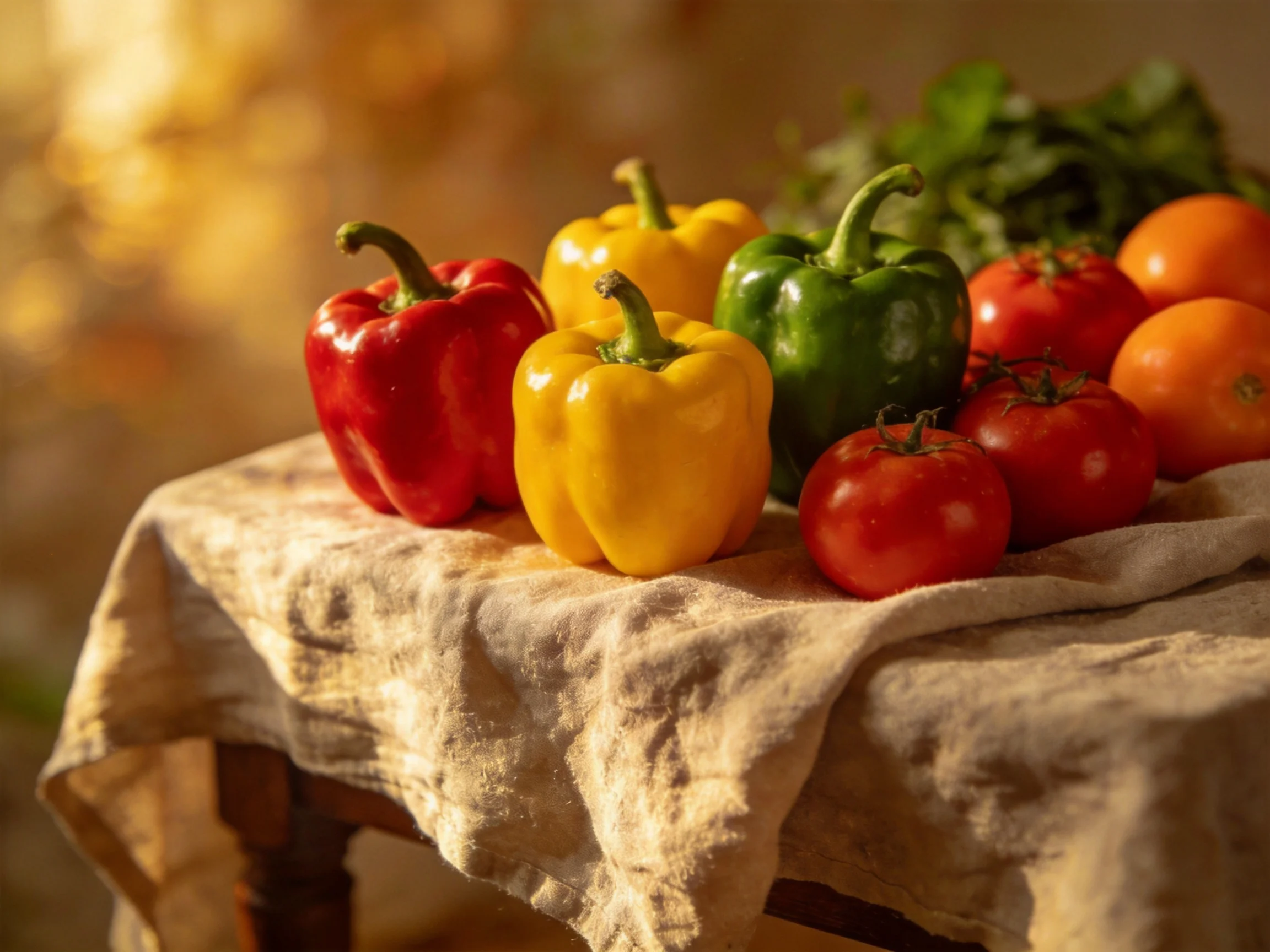 Colorful bell peppers, tomatoes, and citrus fruits arranged on a cloth-draped table