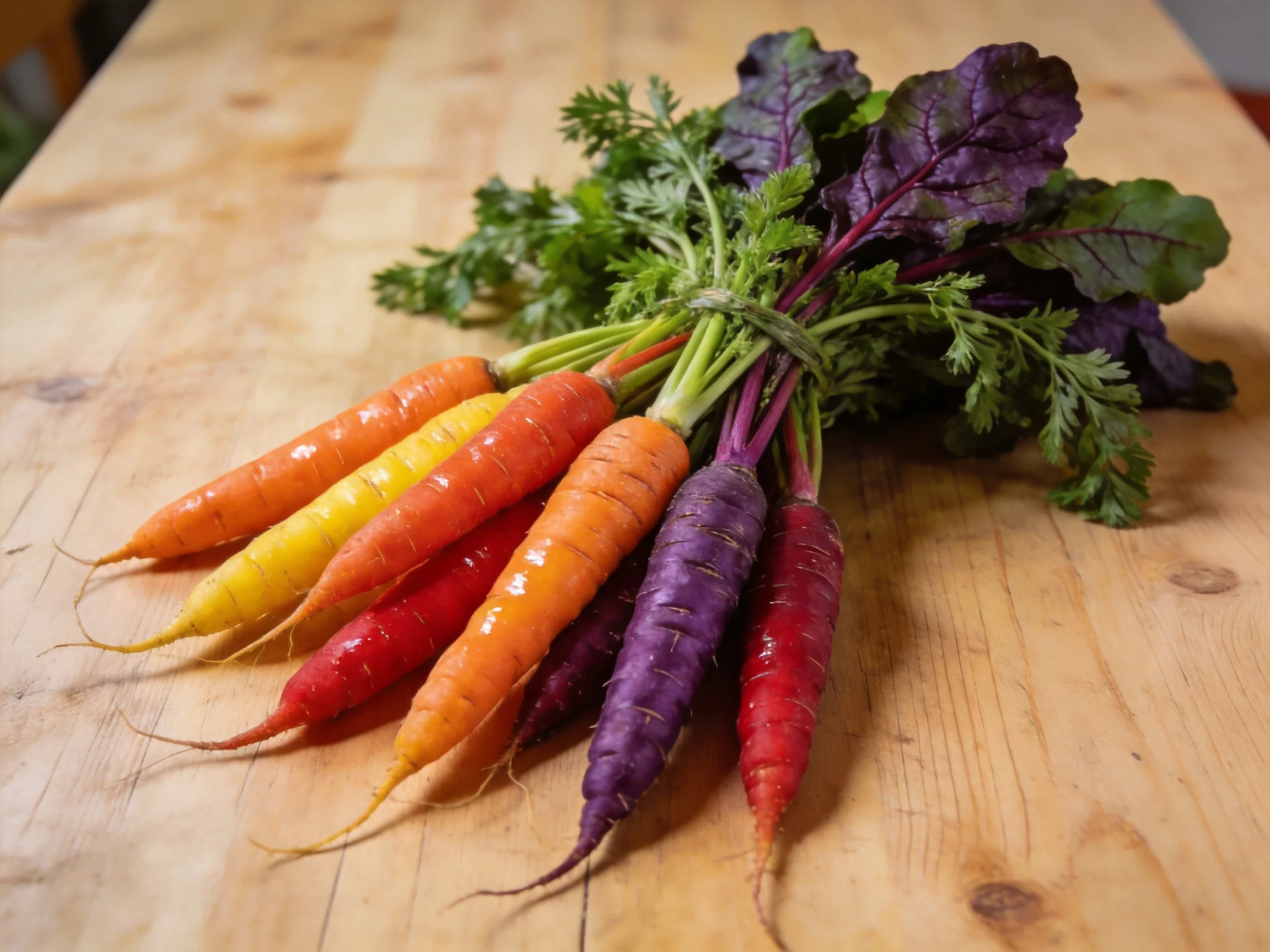 Colorful bundle of multicolored carrots with leafy greens on wooden surface