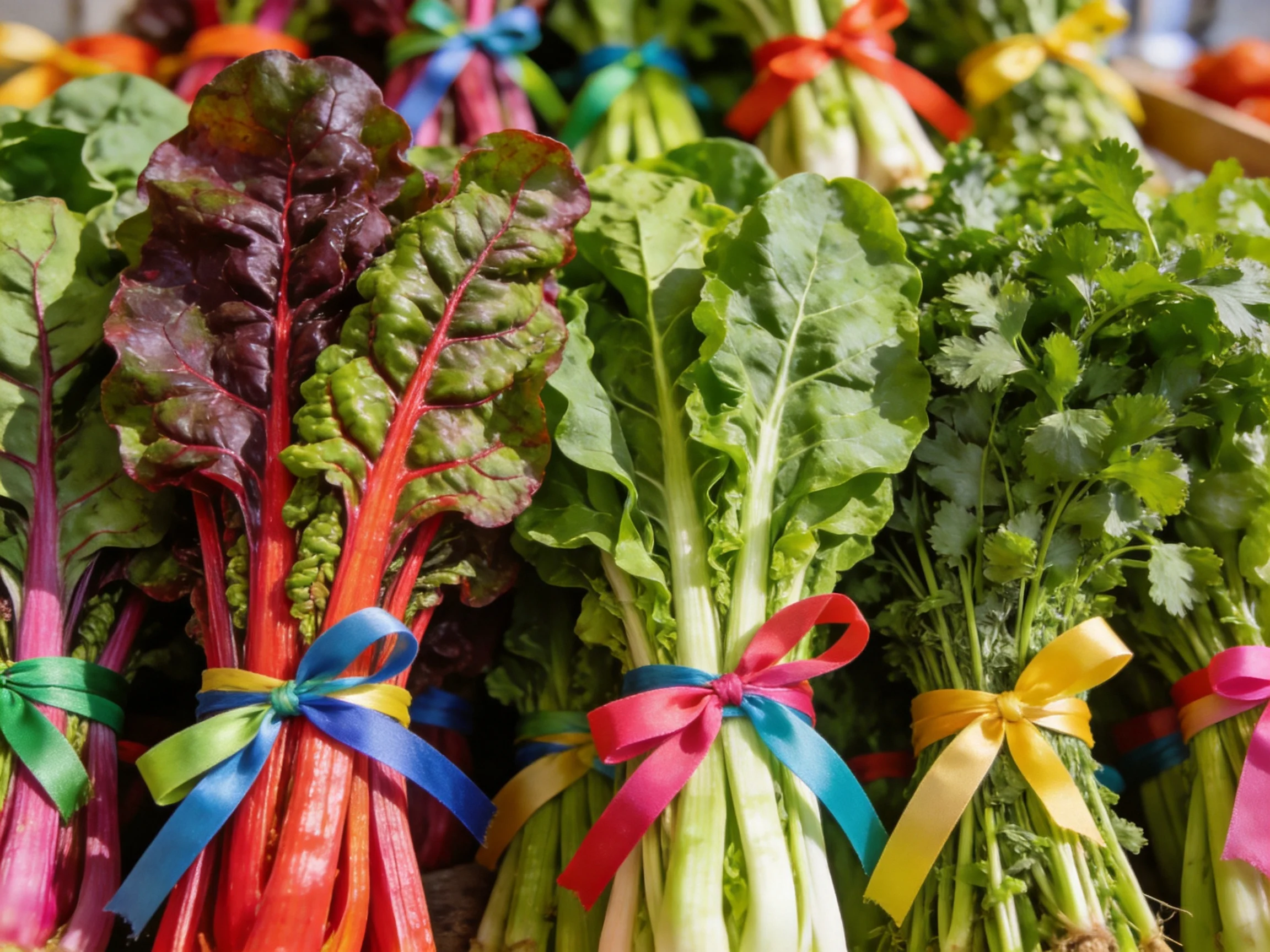 Colorful bundles of leafy greens tied with vibrant ribbons at a market