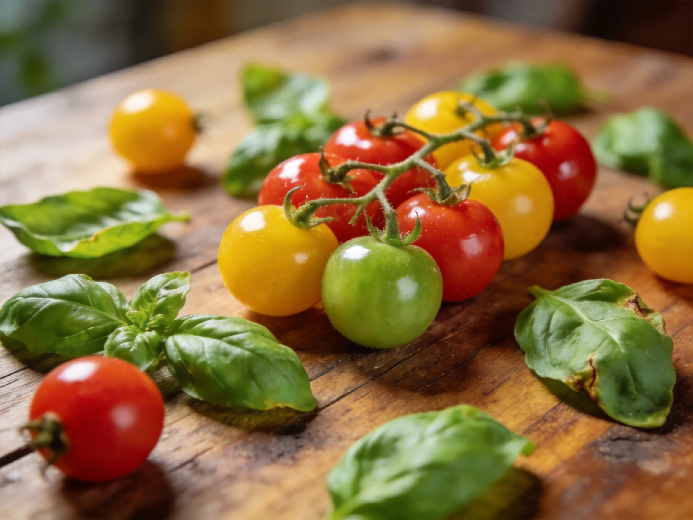 Colorful cherry tomatoes in red, yellow, green with basil leaves on a wooden table