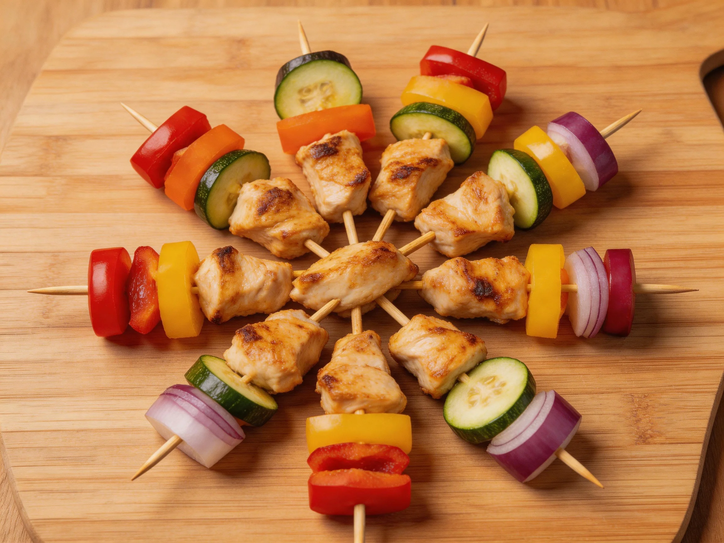 Colorful chicken and vegetable skewers arranged in a circular pattern on a wooden cutting board