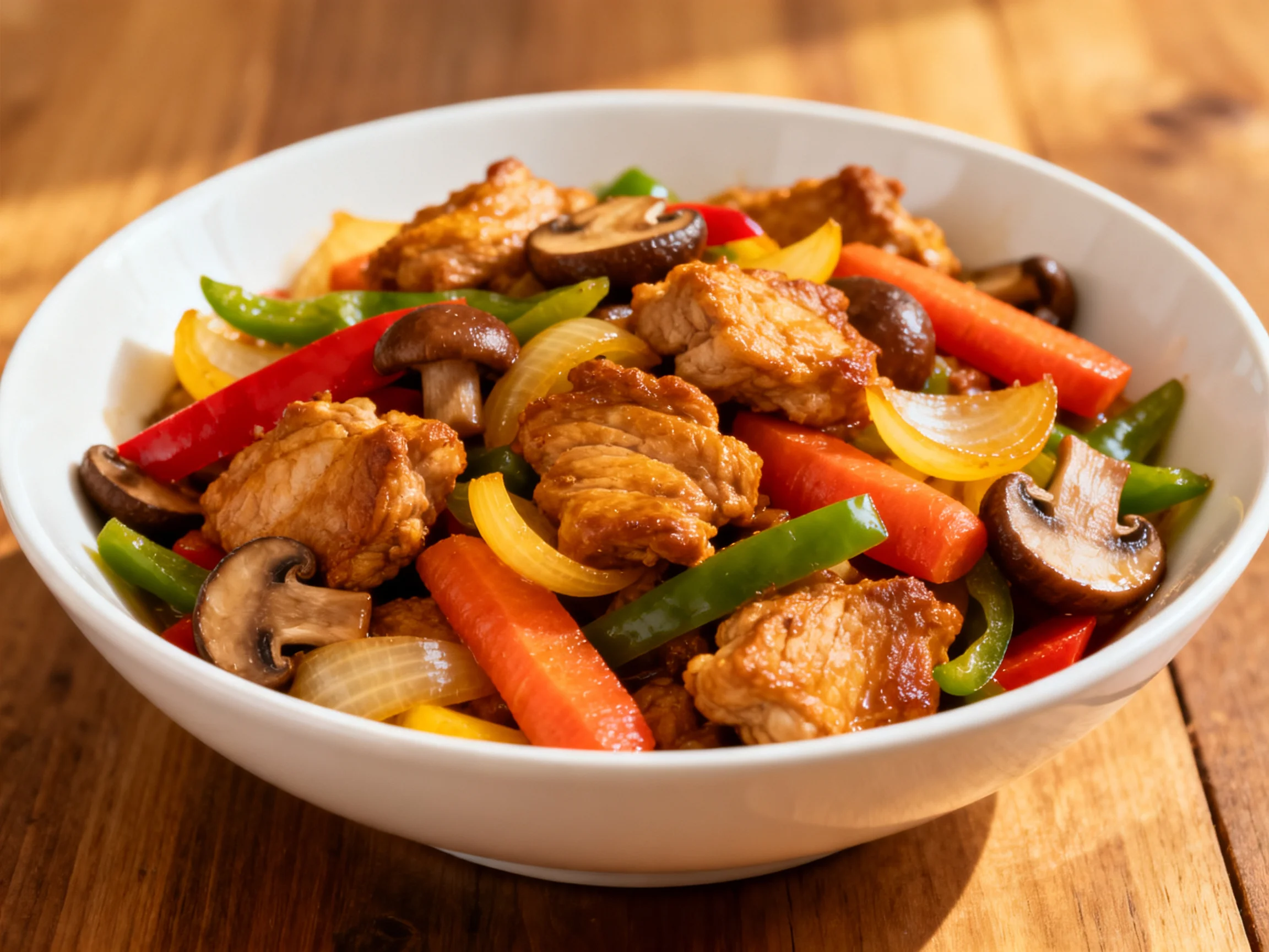 A vibrant chicken vegetable stir-fry served in a white serving bowl.
