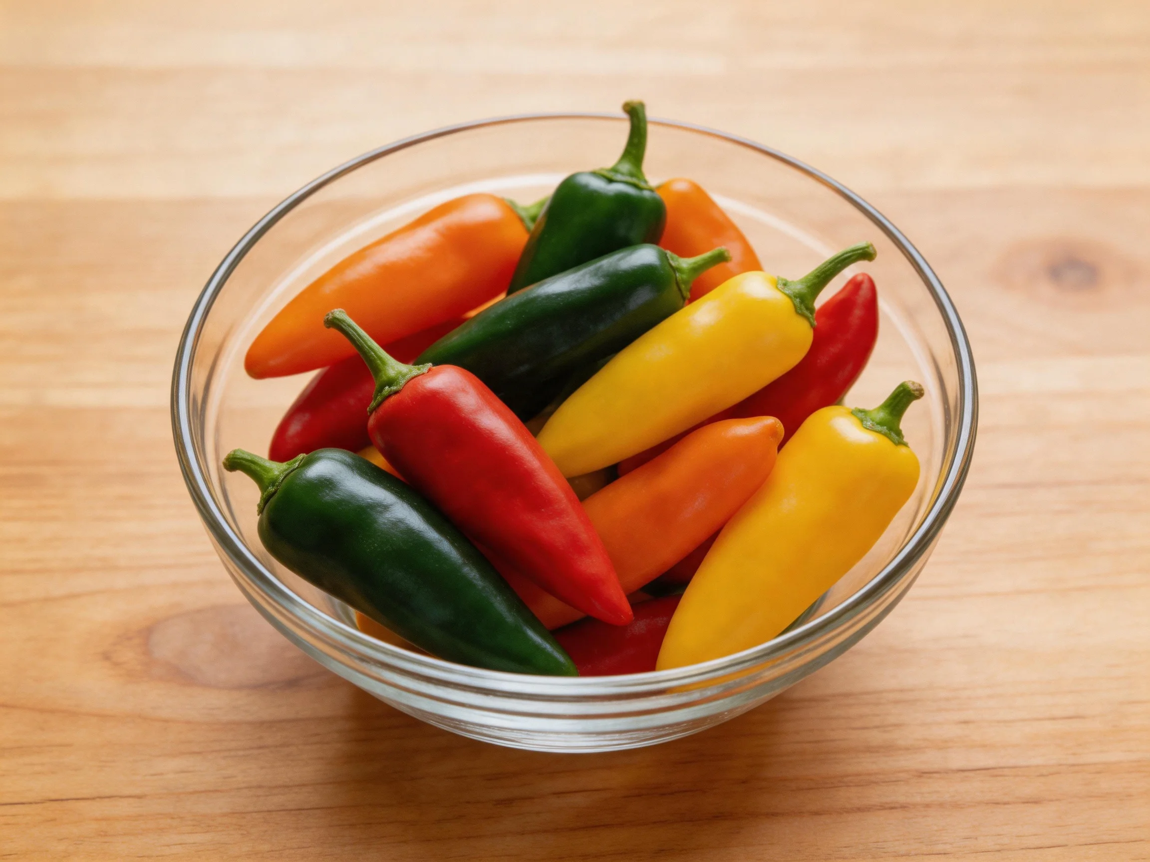 Colorful chili peppers in red, yellow, green, and orange fill a clear glass bowl.