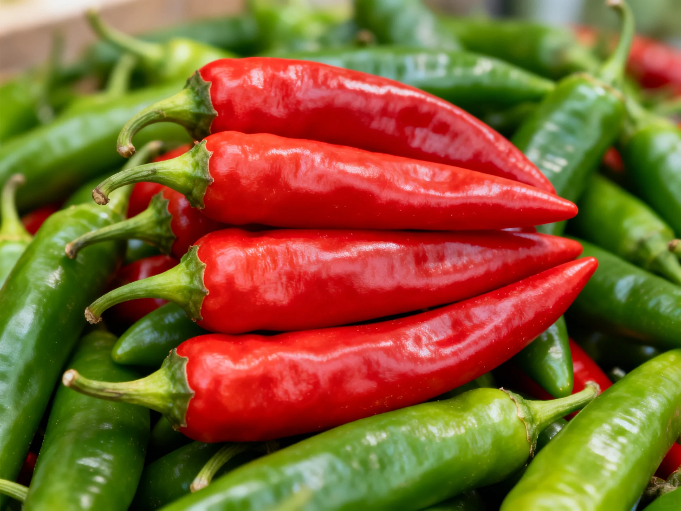 Colorful cluster of red and green chili peppers with a central red stack