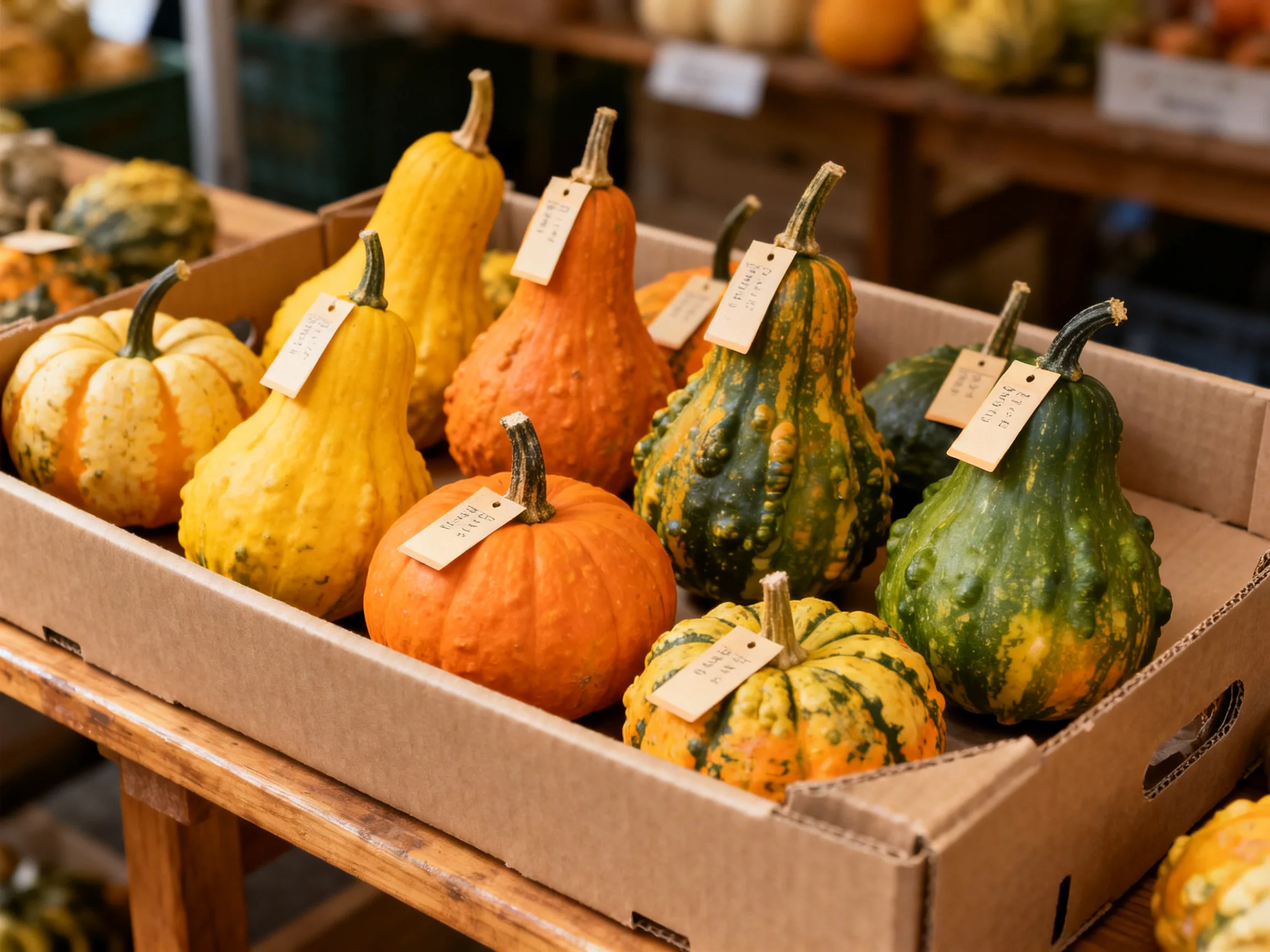 Colorful decorative squashes and gourds displayed in cardboard containers