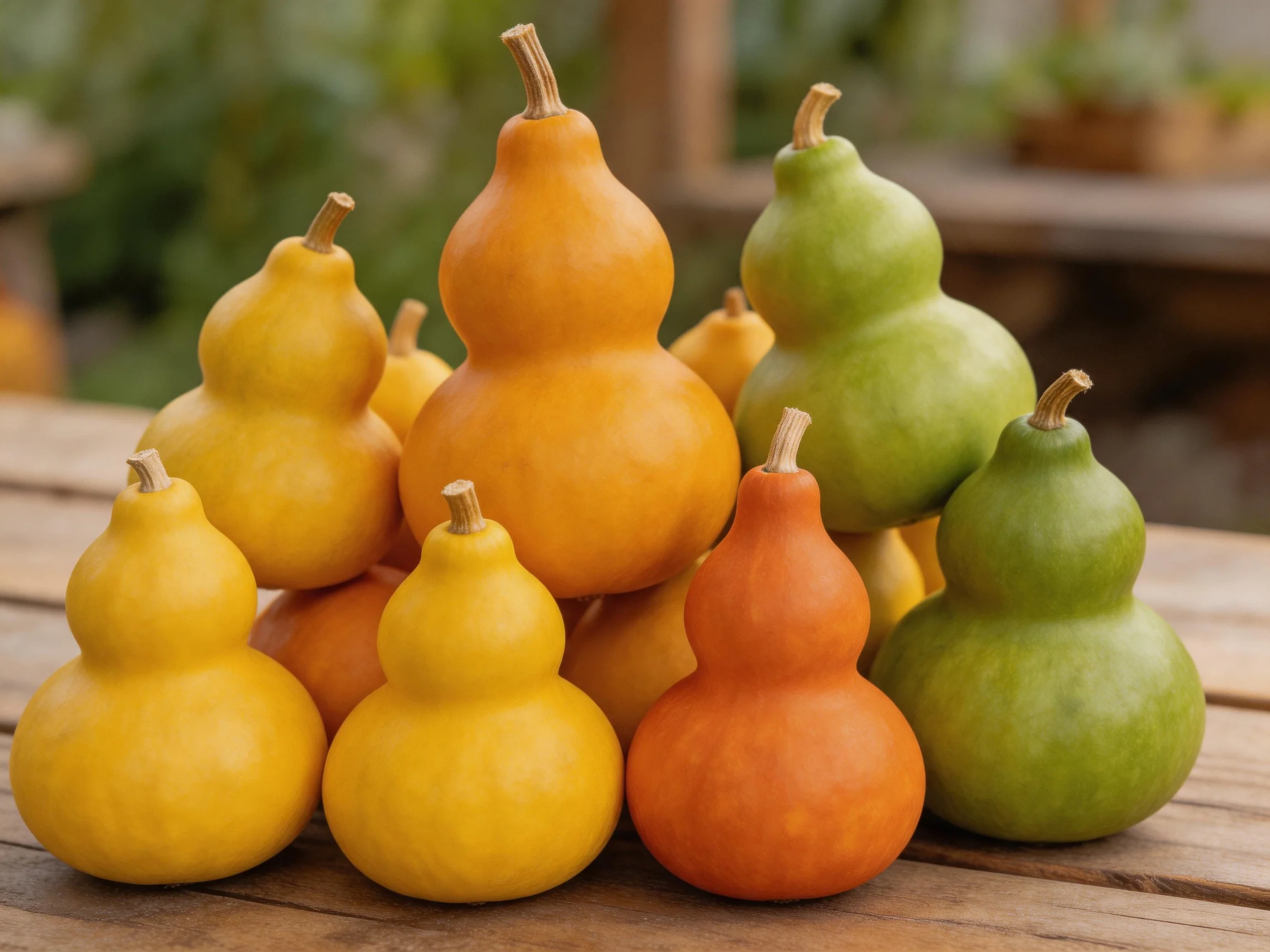 Colorful double-shaped gourds in yellow, orange, and green stacked on a wooden table