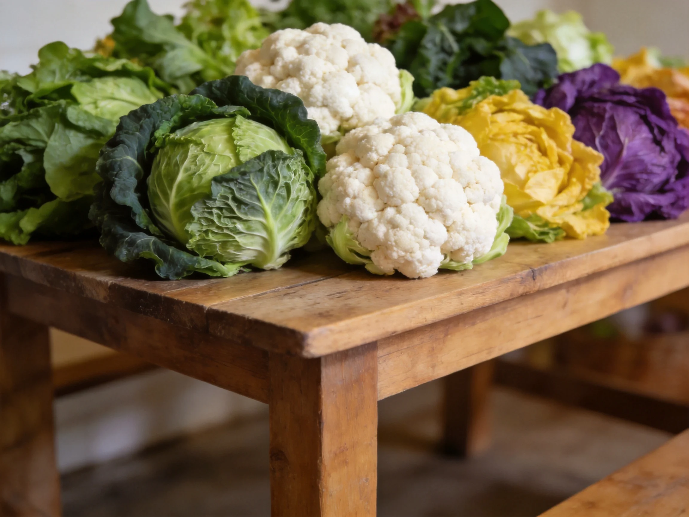 Colorful fresh vegetables arranged on a rustic wooden table