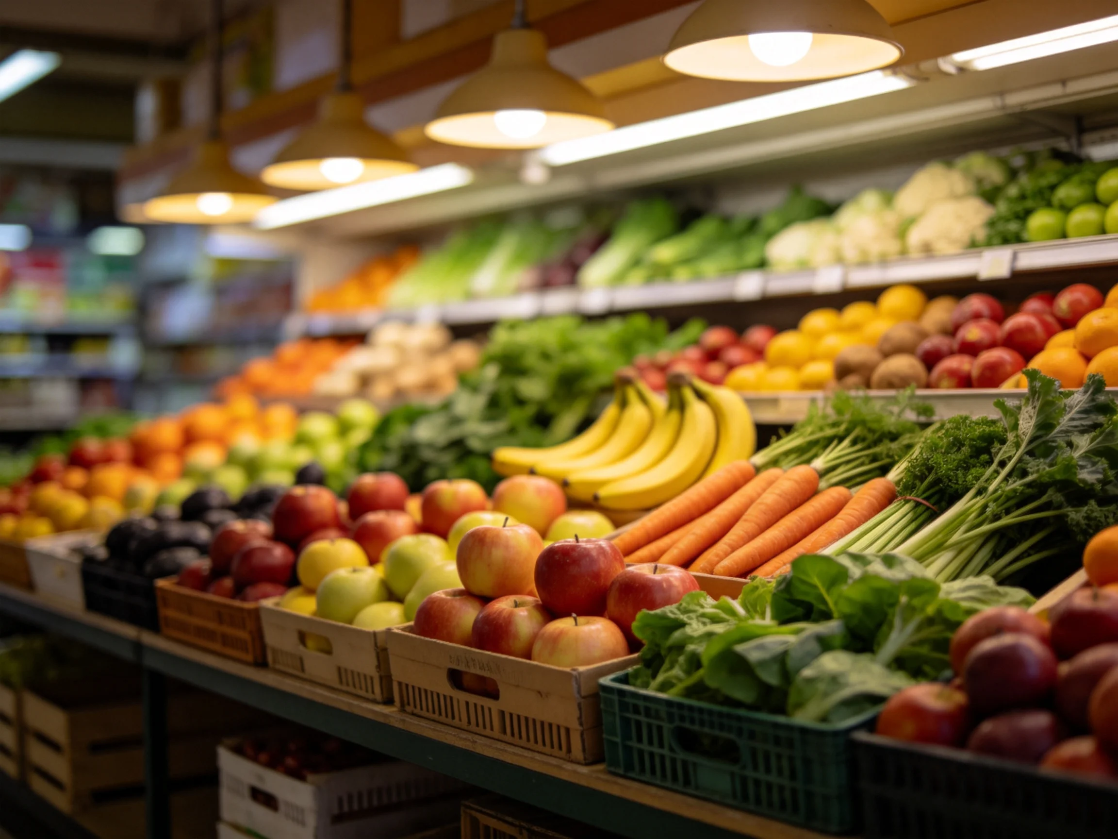 Colorful fruit and vegetable display with multiple varieties in a market