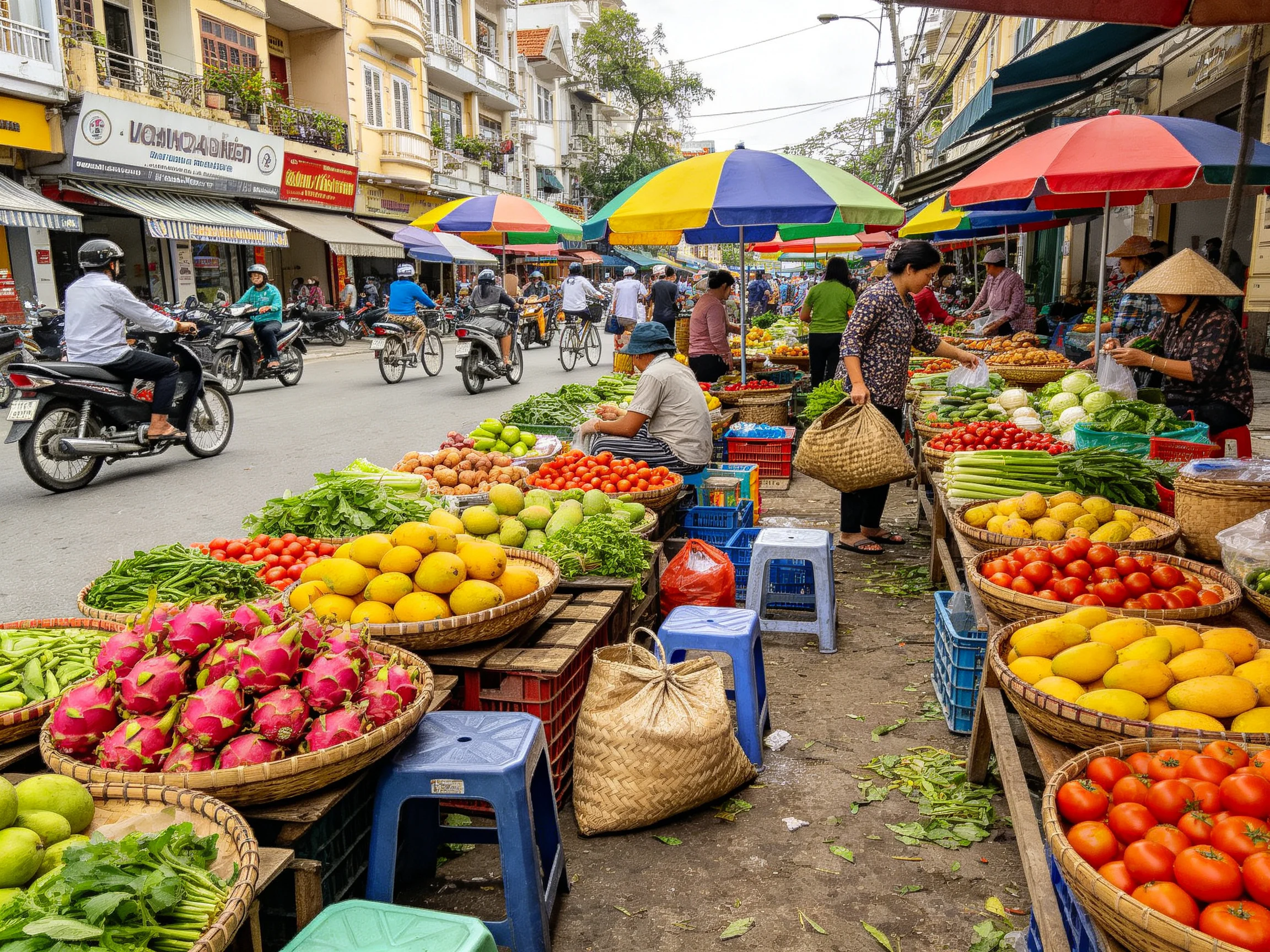 Colorful fruit and vegetable stalls fill a bustling urban street market