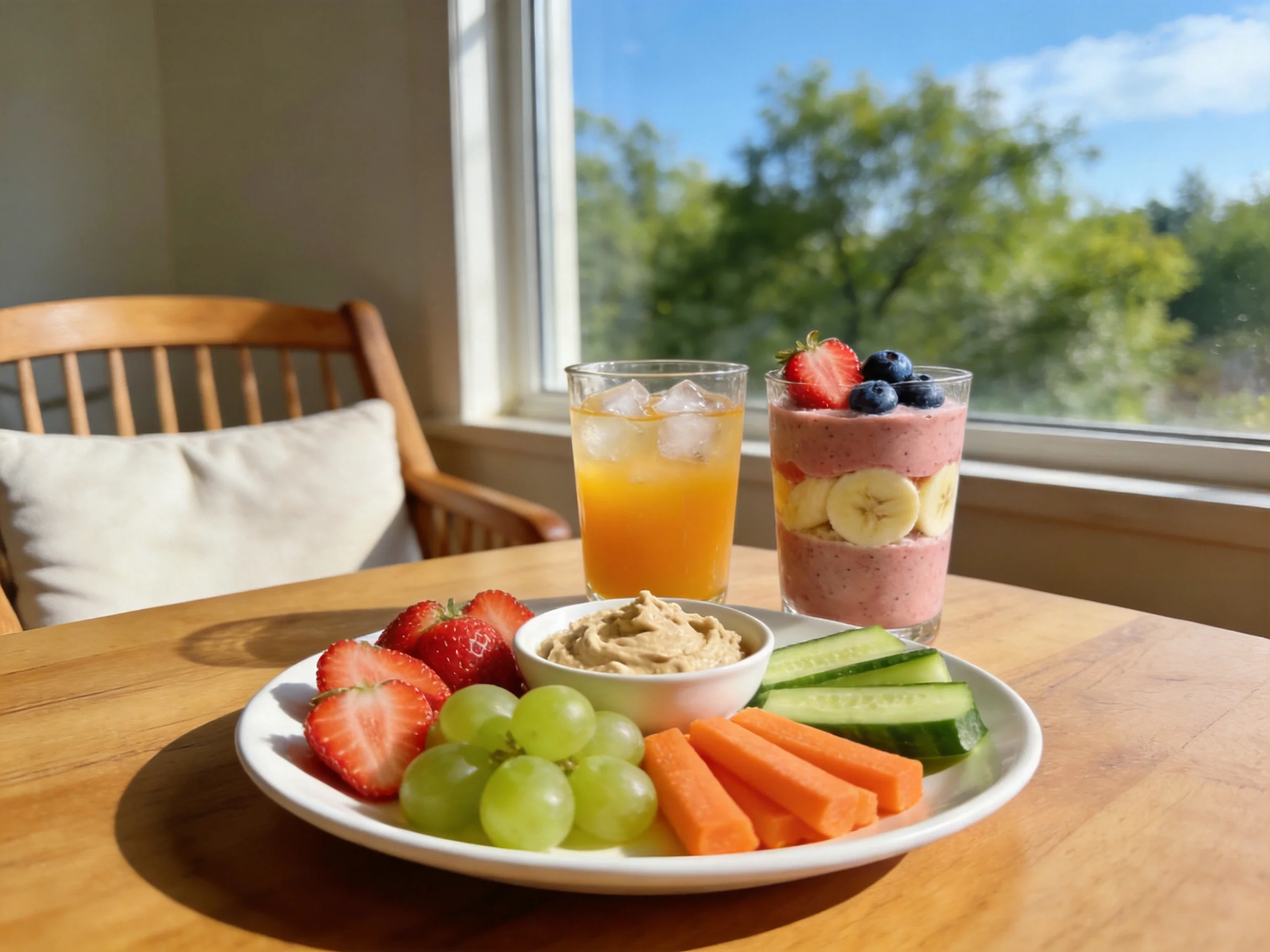 Colorful fruit and veggie plate with hummus, orange juice, berry smoothie by bright window