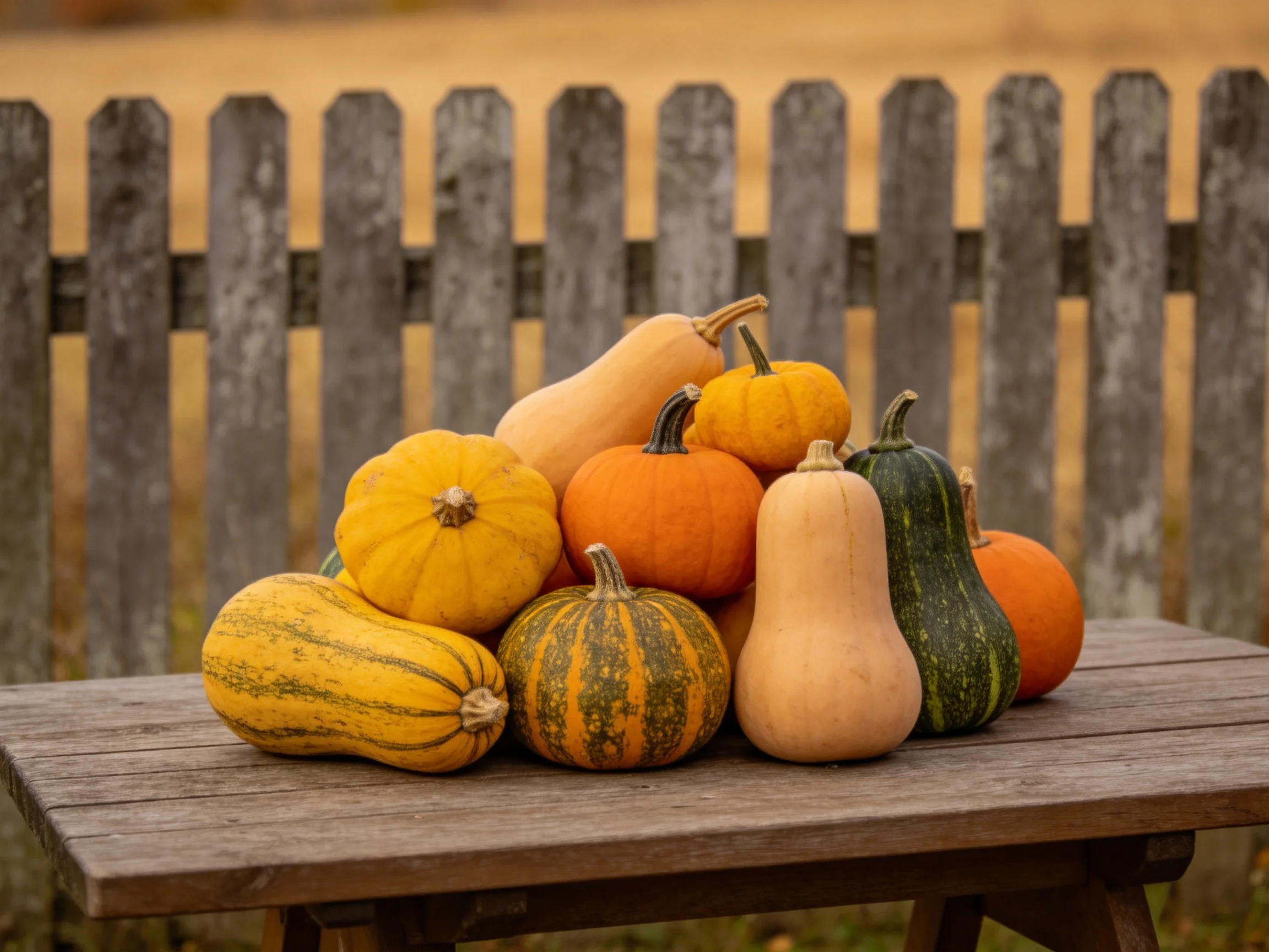 Colorful gourds and squashes arranged on a wooden table near a picket fence