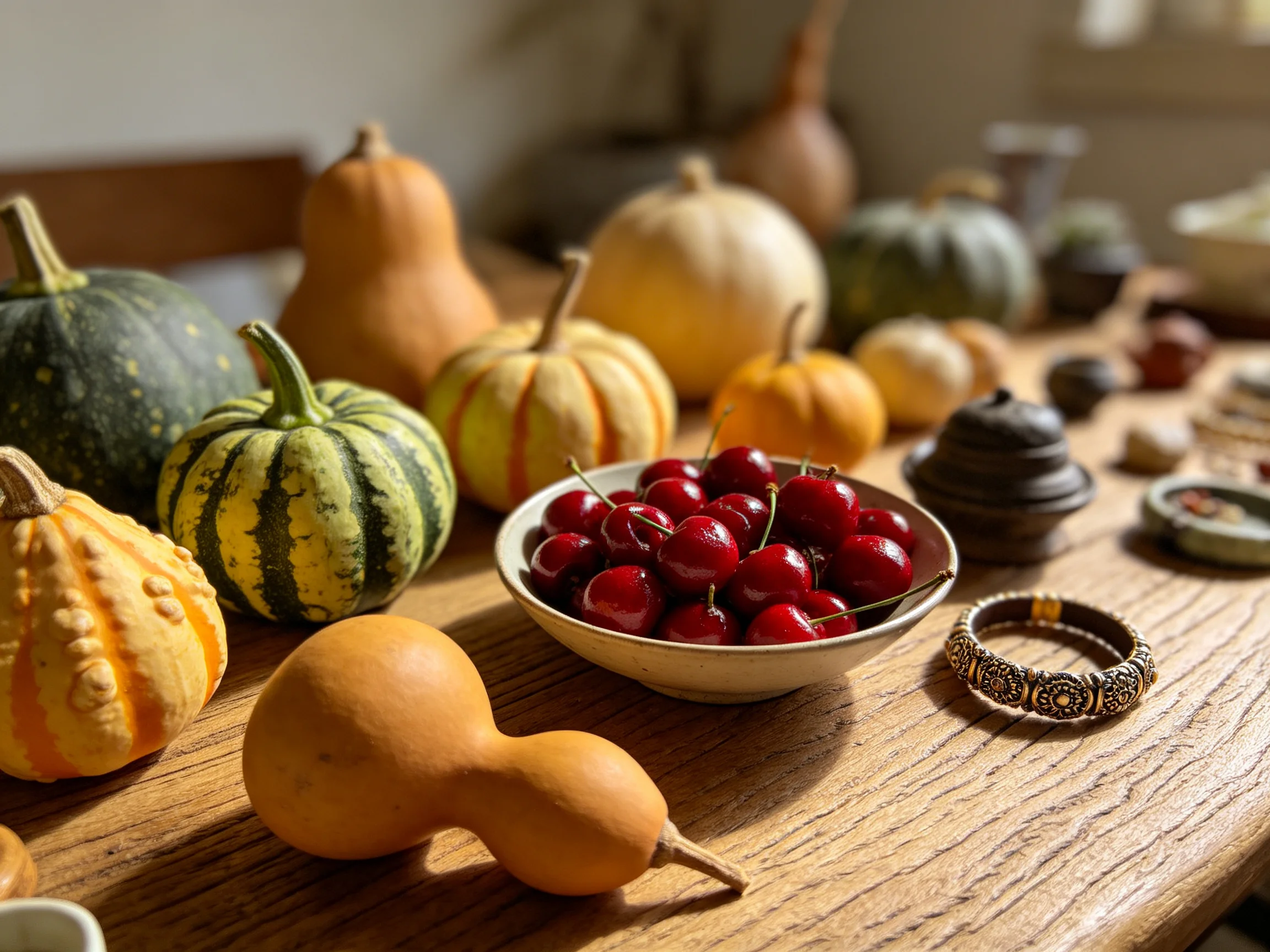 Colorful gourds, pumpkins, and cherry bowl on a wooden table