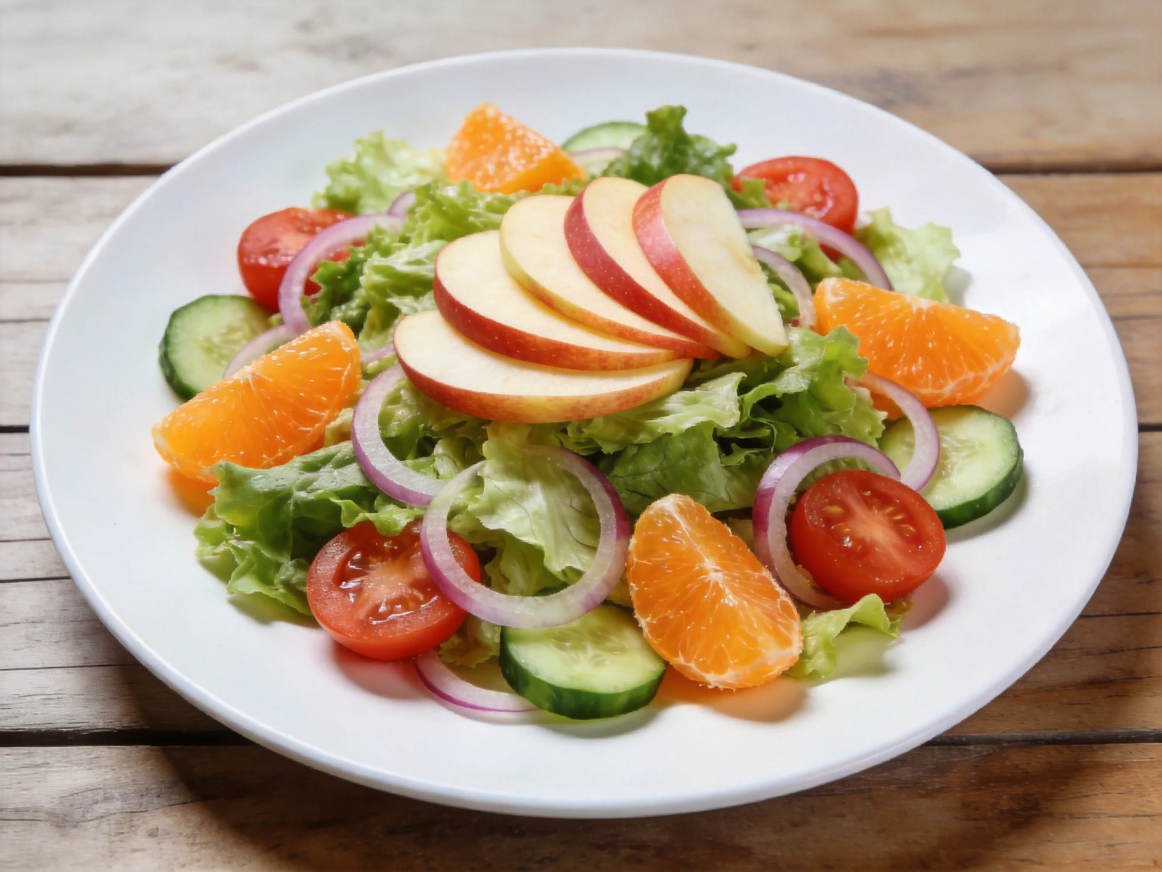Colorful mixed salad with apple slices, orange wedges, cherry tomatoes, cucumber slices, and red onio