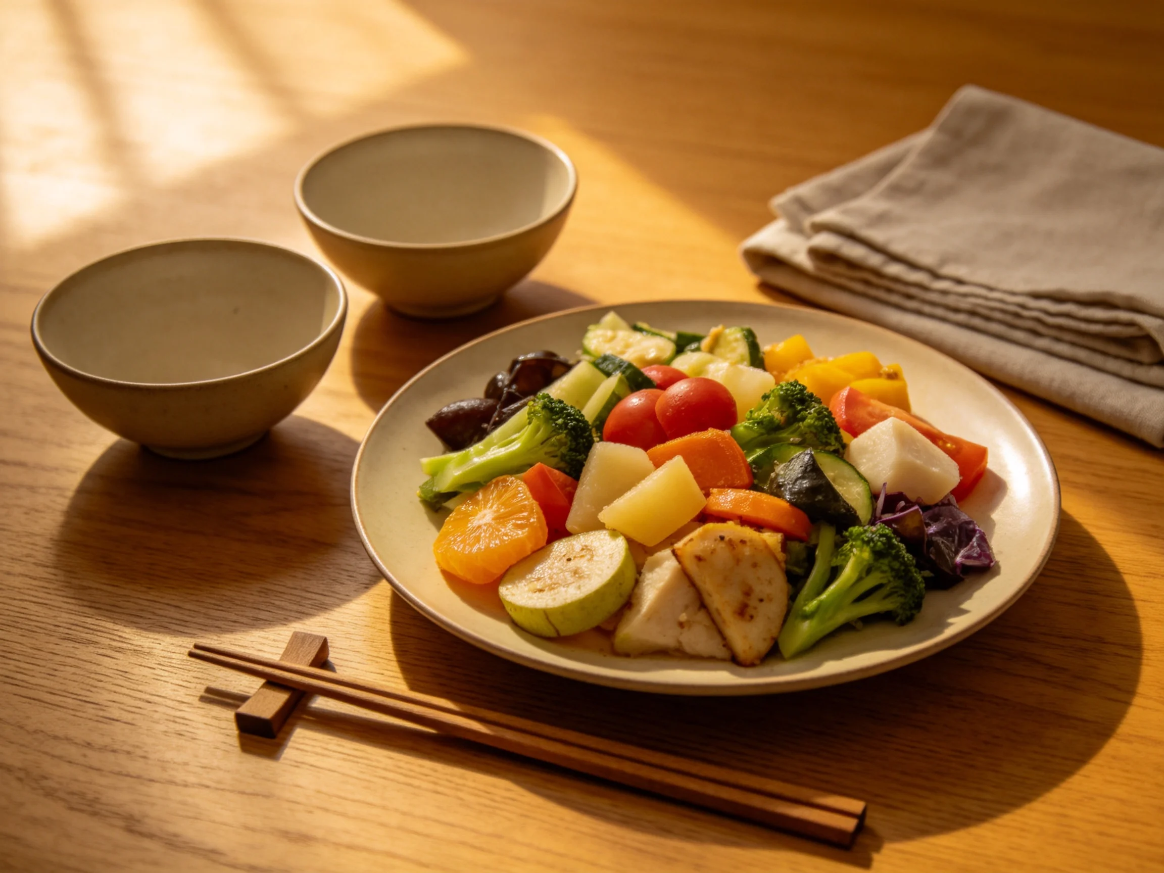 Colorful mixed vegetable and protein dish with serving ware