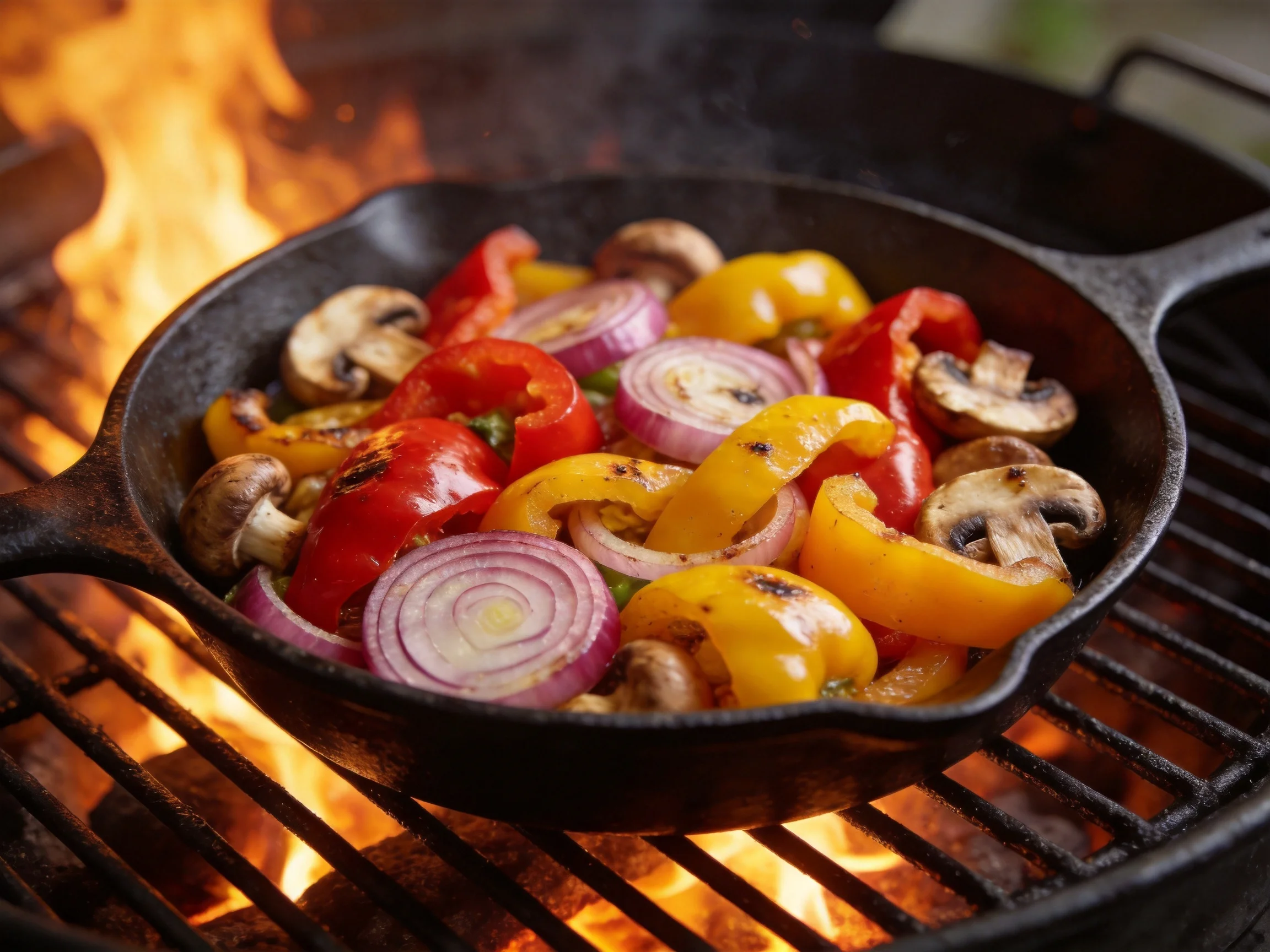 Colorful mixed vegetables grilling in cast iron skillet over open flame
