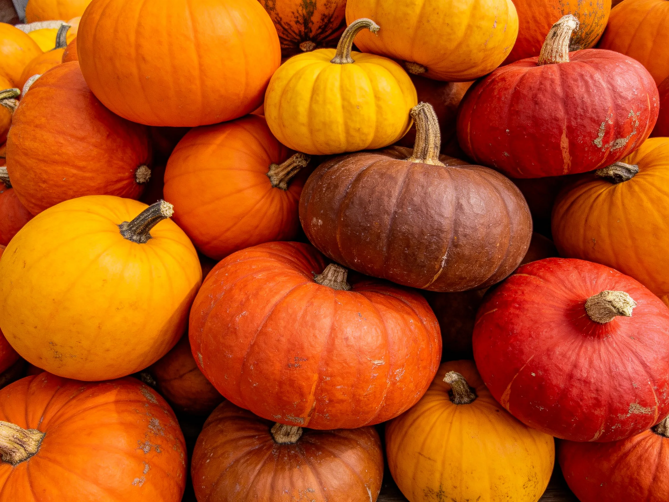 Colorful pumpkin pile with orange, yellow, red, and brown varieties