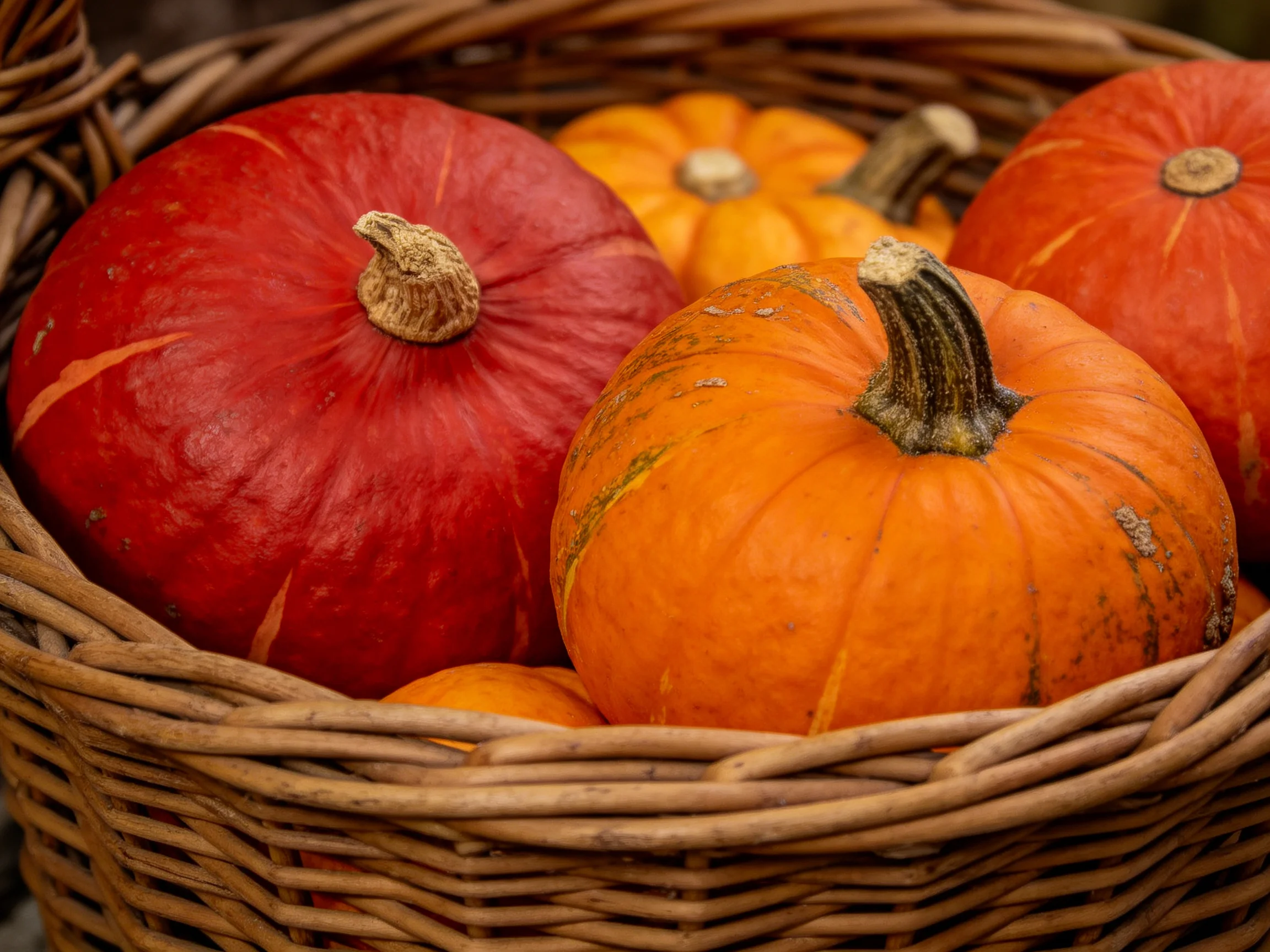 Colorful pumpkins in red, orange, and yellow hues fill a wicker basket