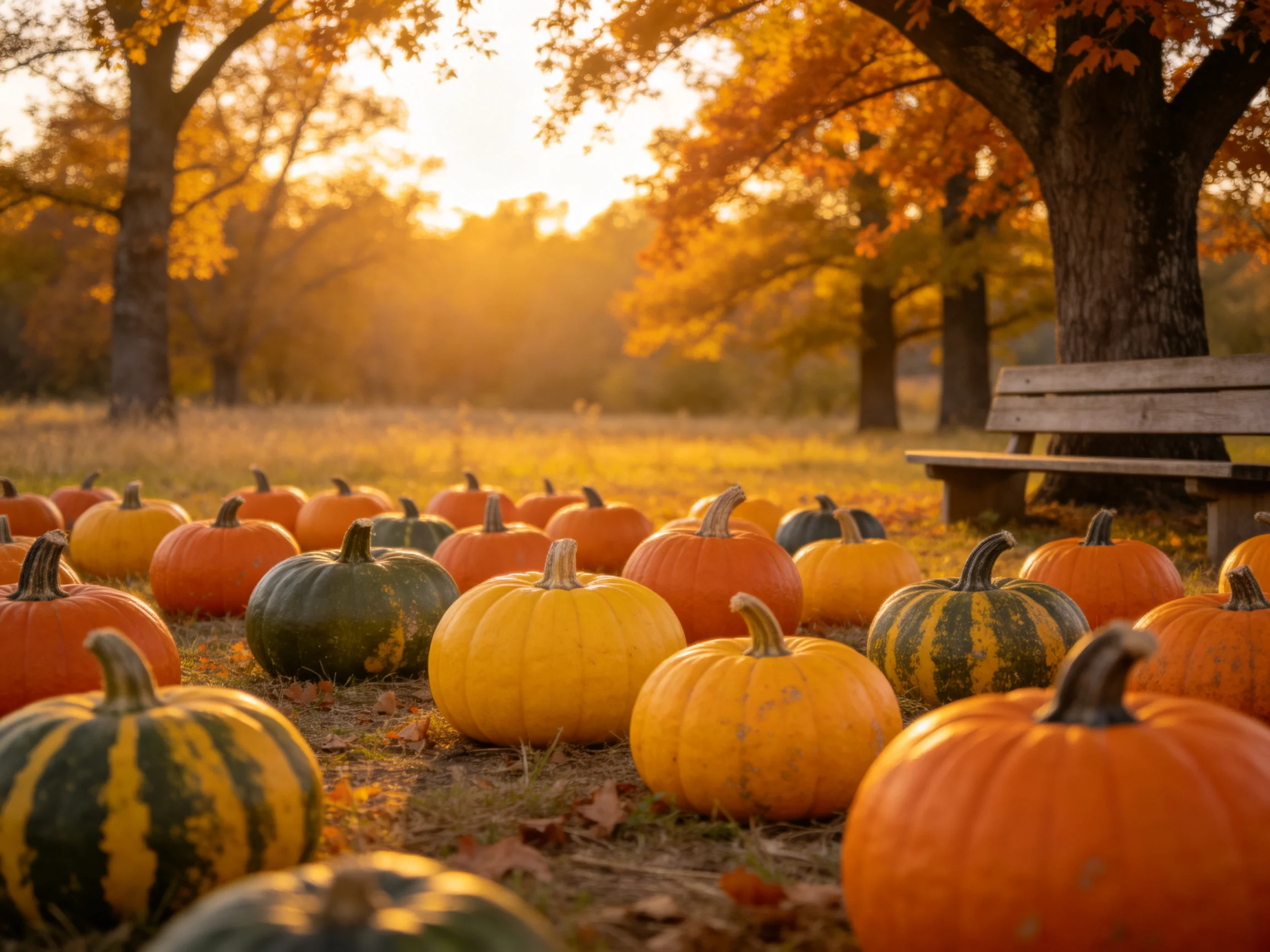Colorful pumpkins scattered among autumn trees under golden sunlight