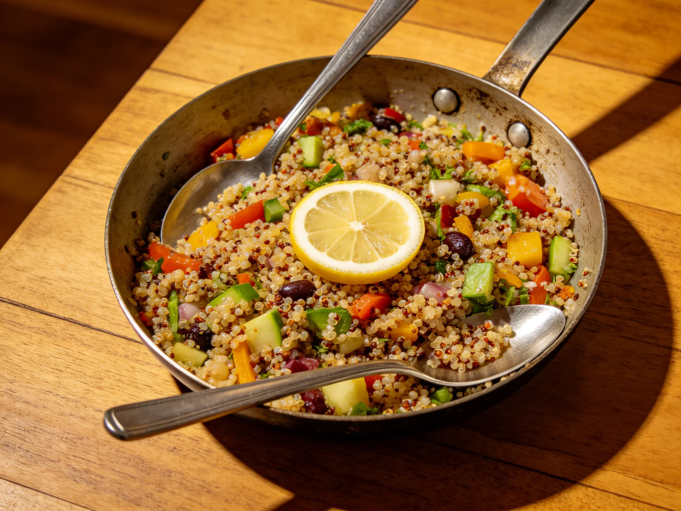 Colorful quinoa salad with mixed vegetables and lemon garnish in metal pan