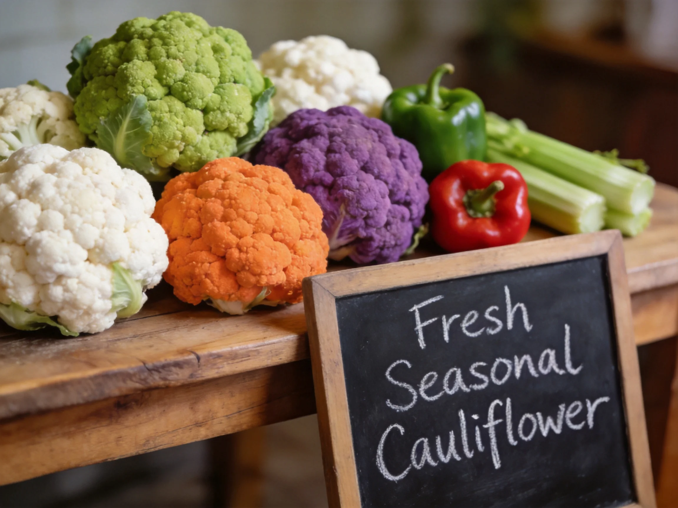 Colorful seasonal vegetables including green, white, orange, purple cauliflower, bell peppers, and ce