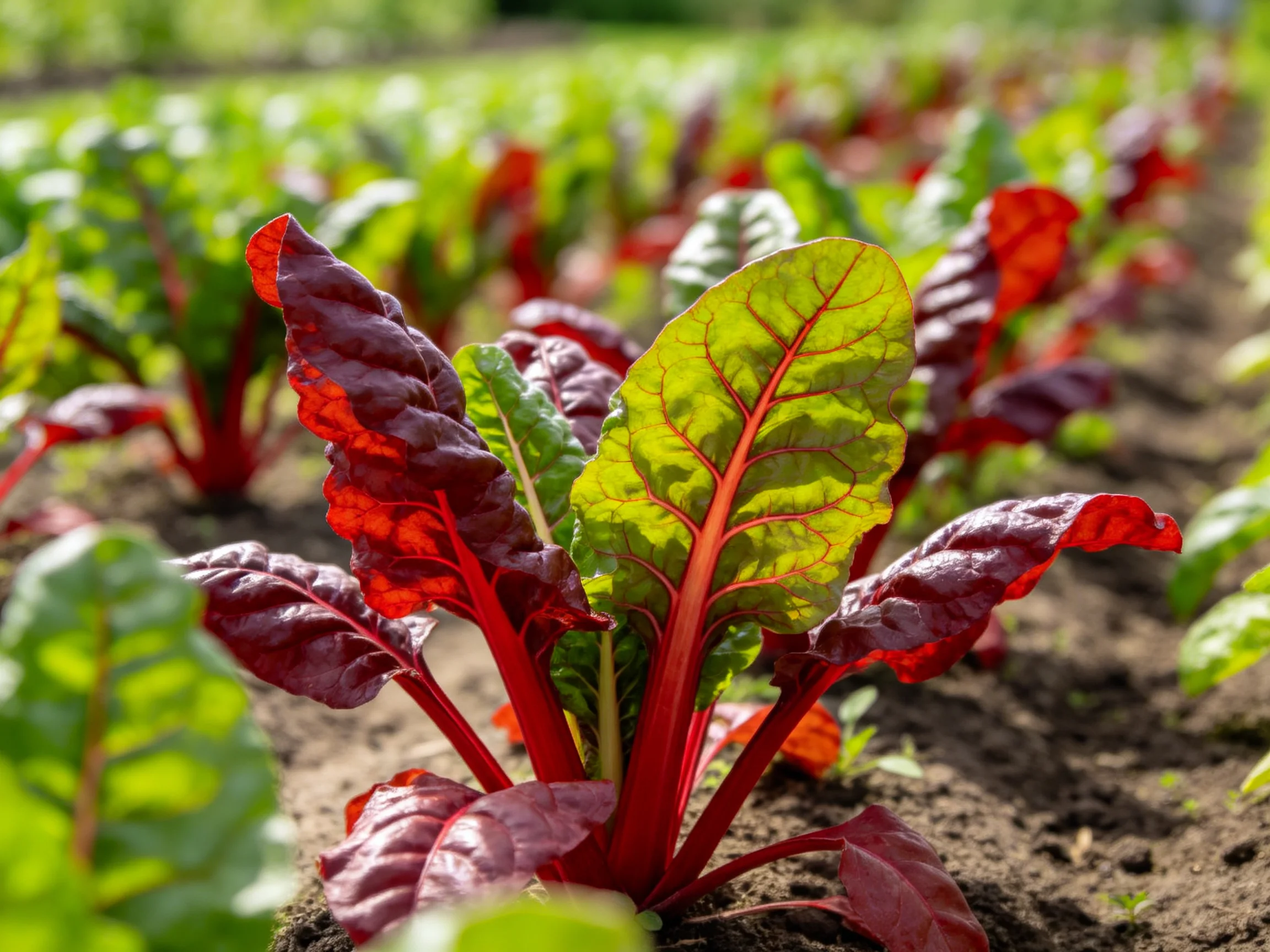Colorful swiss chard plants growing in neat rows in a sunlit garden