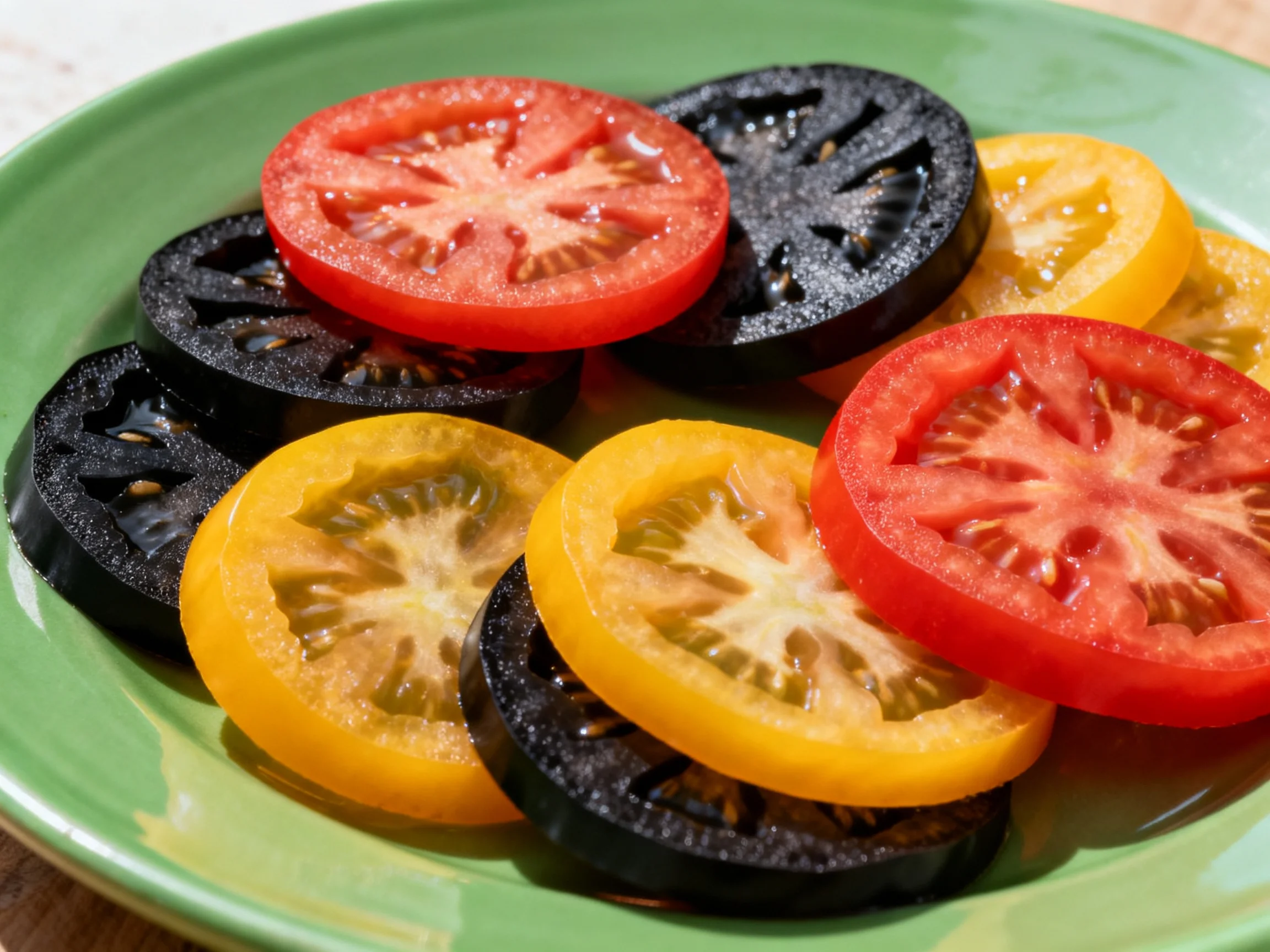 Colorful tomato slices arranged on a green plate with red, black, and yellow varieties