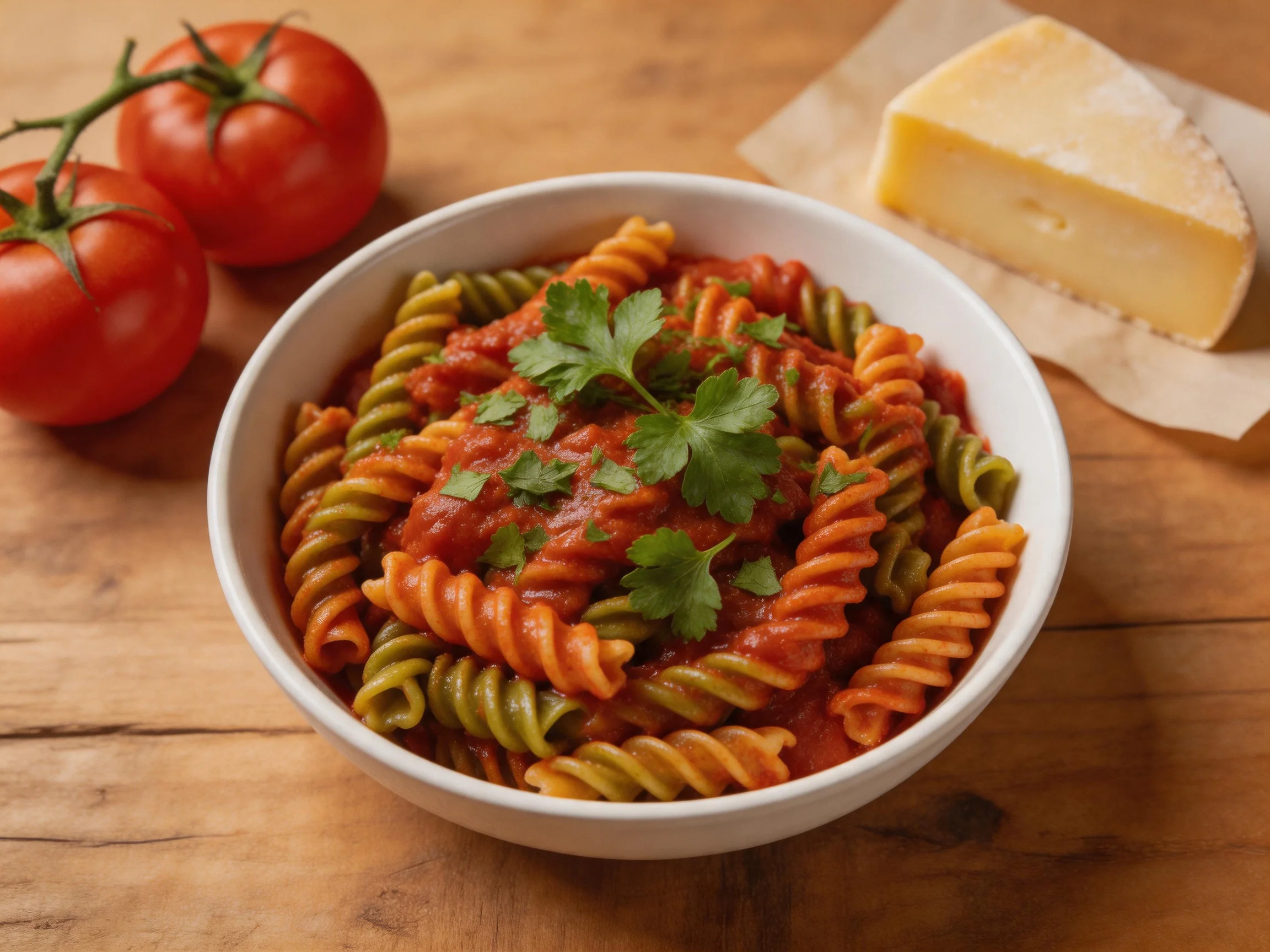 Colorful tri-colored pasta with tomato sauce, fresh herbs, tomatoes, and cheese