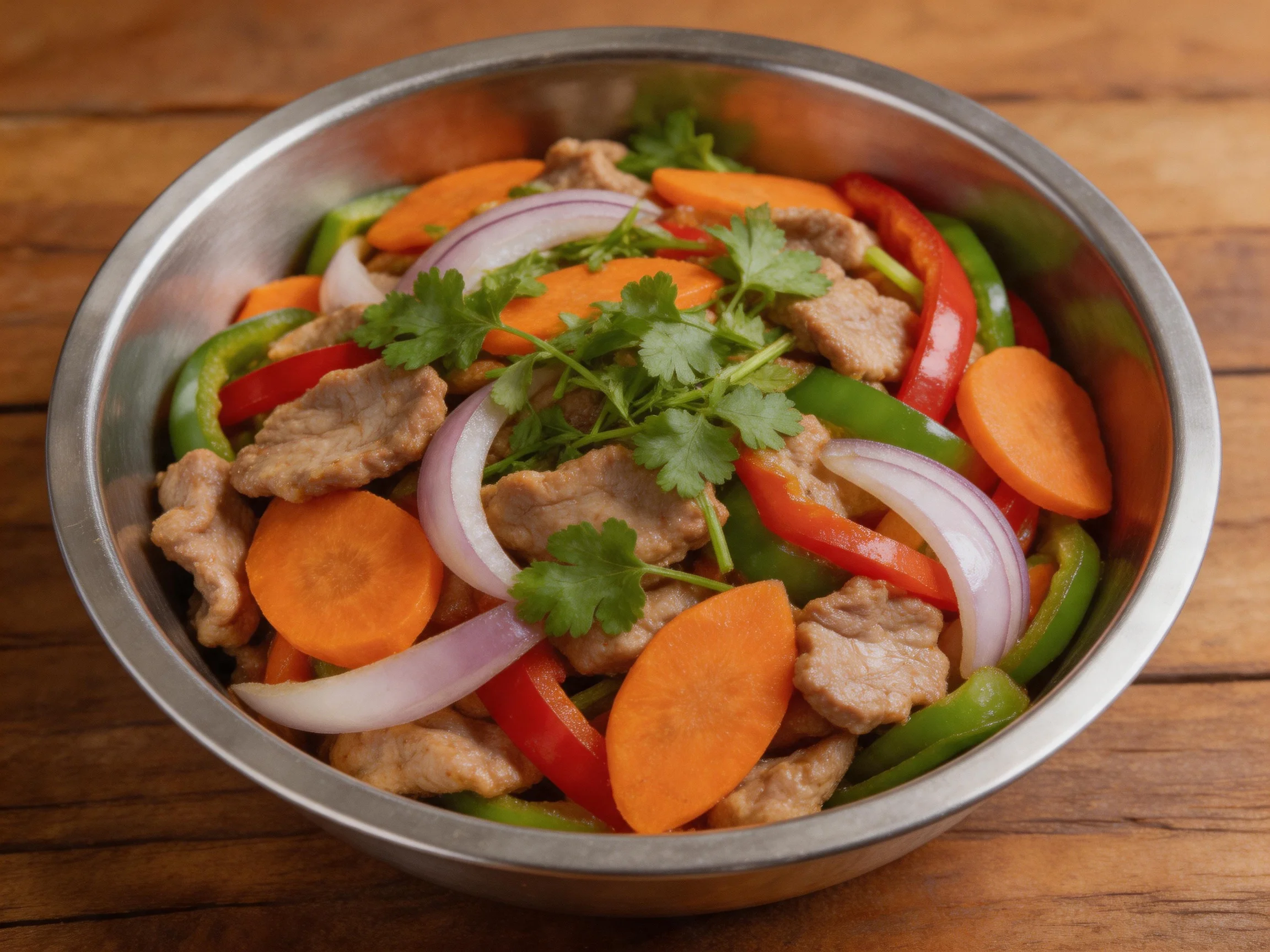 Colorful vegetable and meat stir-fry in stainless steel bowl