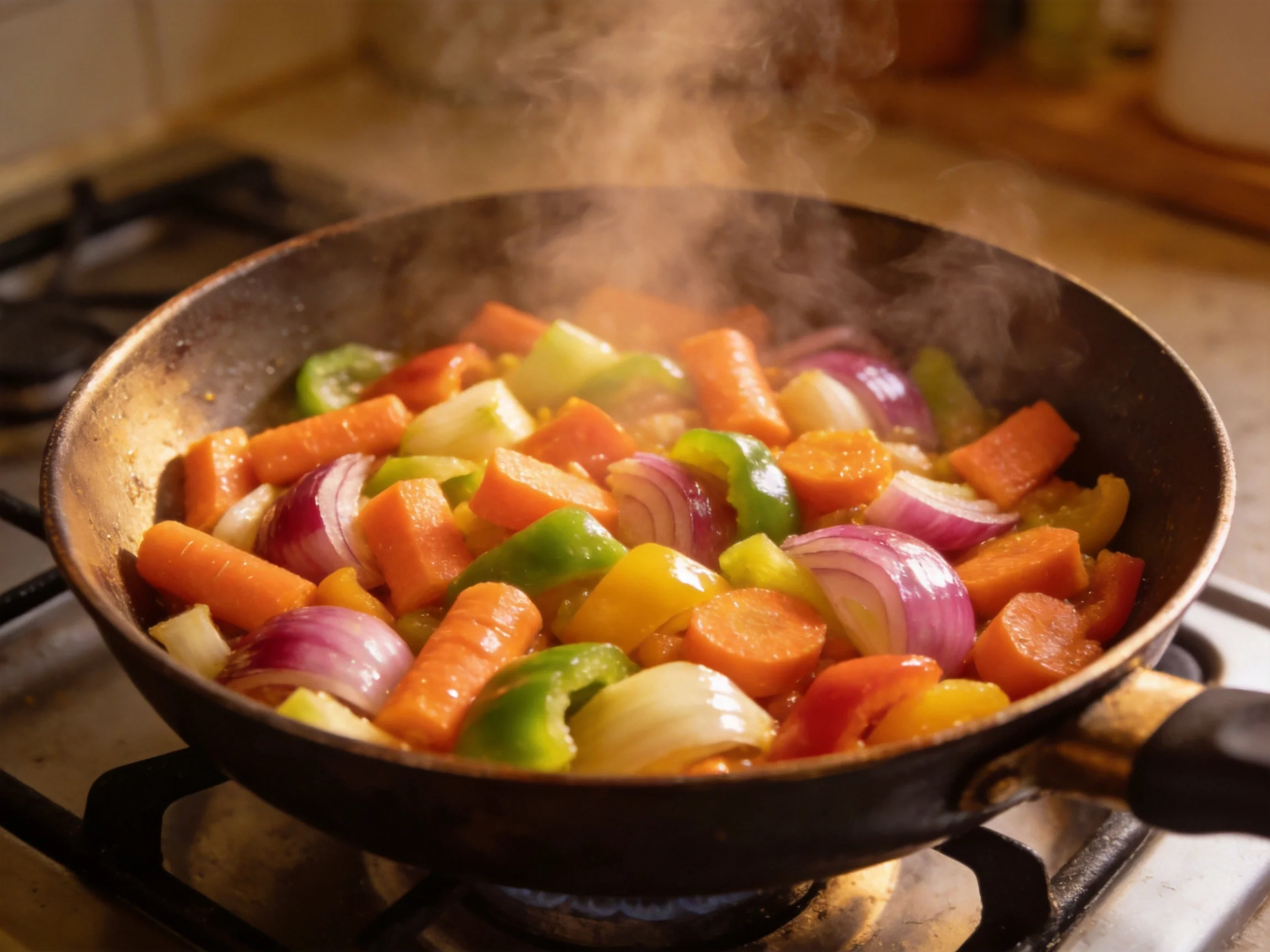 Colorful vegetable medley cooking in a hot cast iron skillet with rising steam