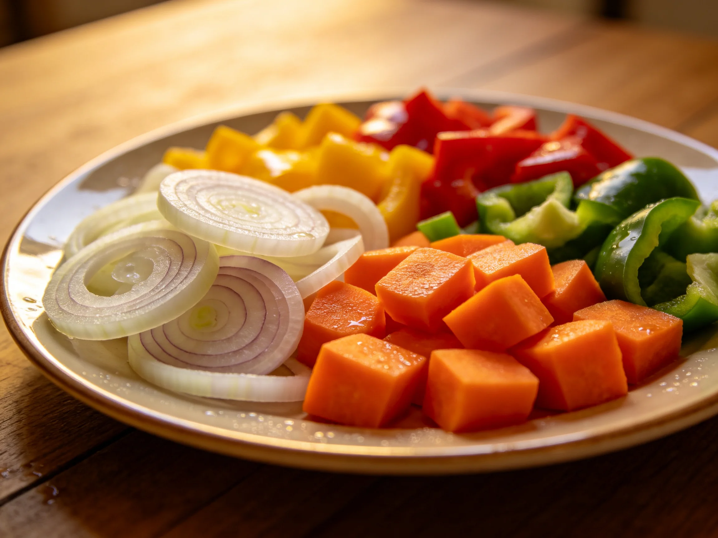 Colorful vegetable medley featuring onions, peppers, and sweet potato cubes