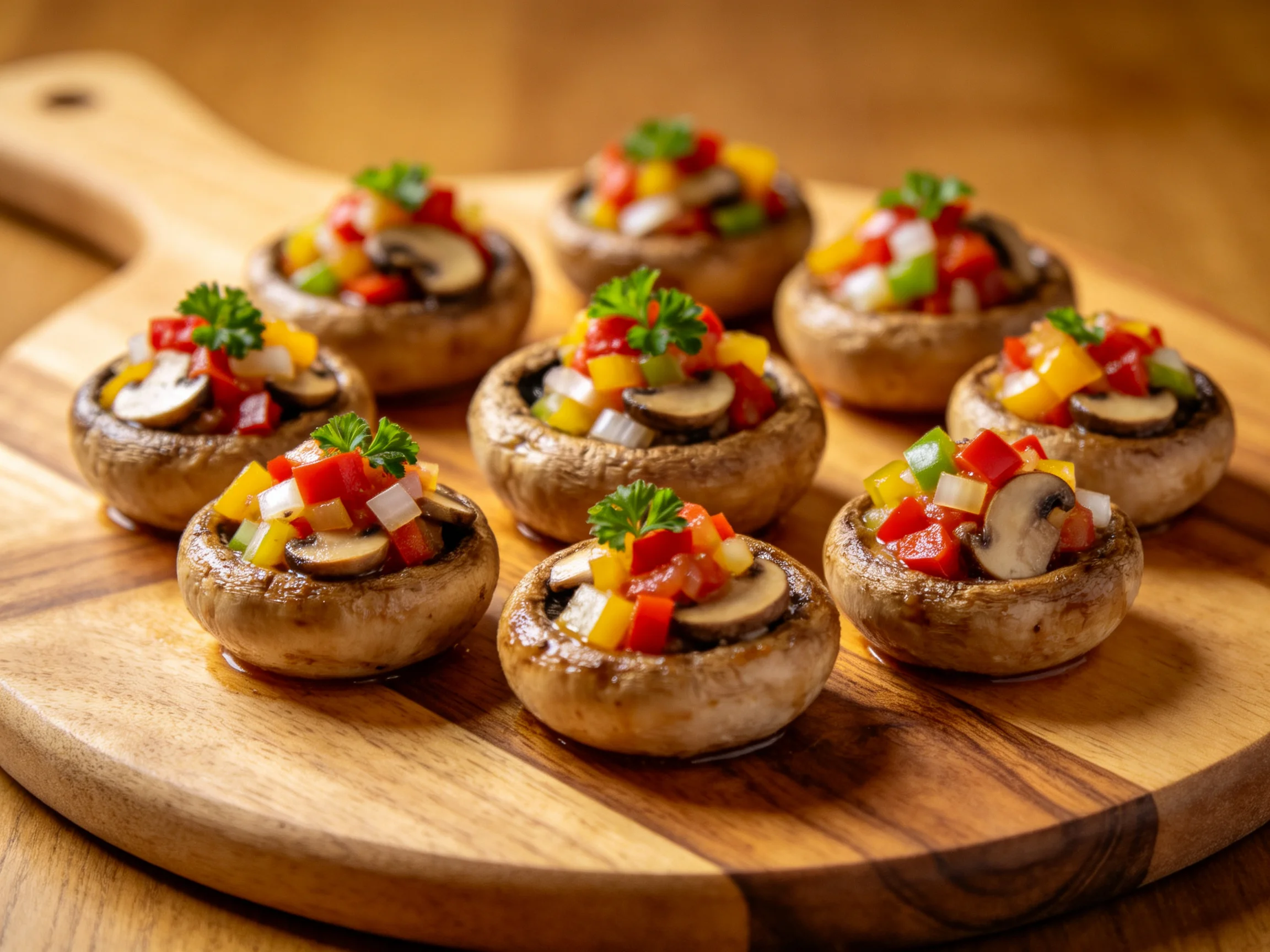Colorful vegetable-stuffed mushrooms arranged on a wooden cutting board