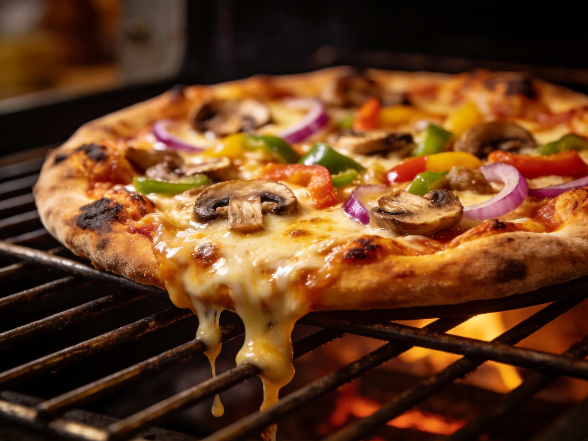 Colorful veggie-topped pizza baking on a grill with melted cheese