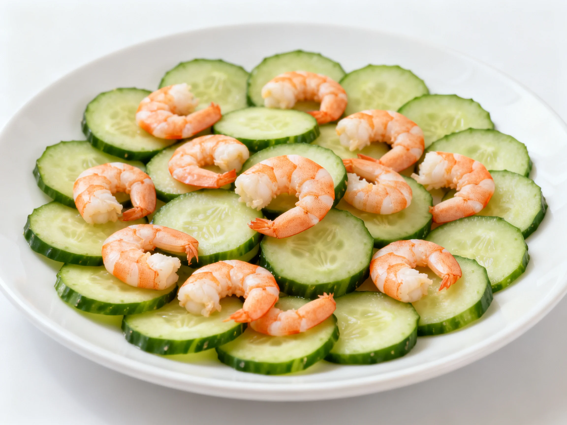 Cooked shrimp and fresh cucumber slices served on a white plate
