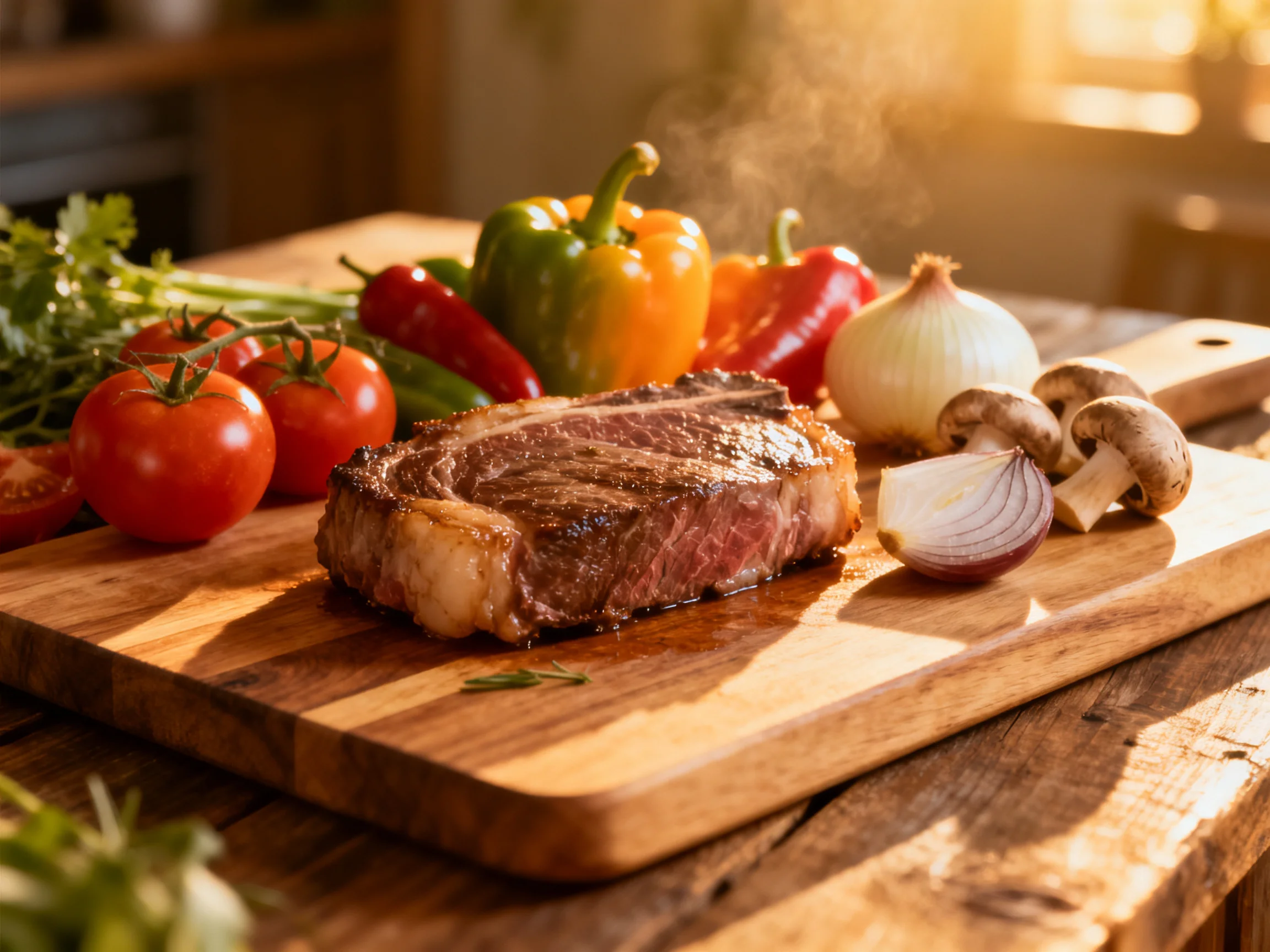 Cooked steak with colorful vegetables on wooden cutting board