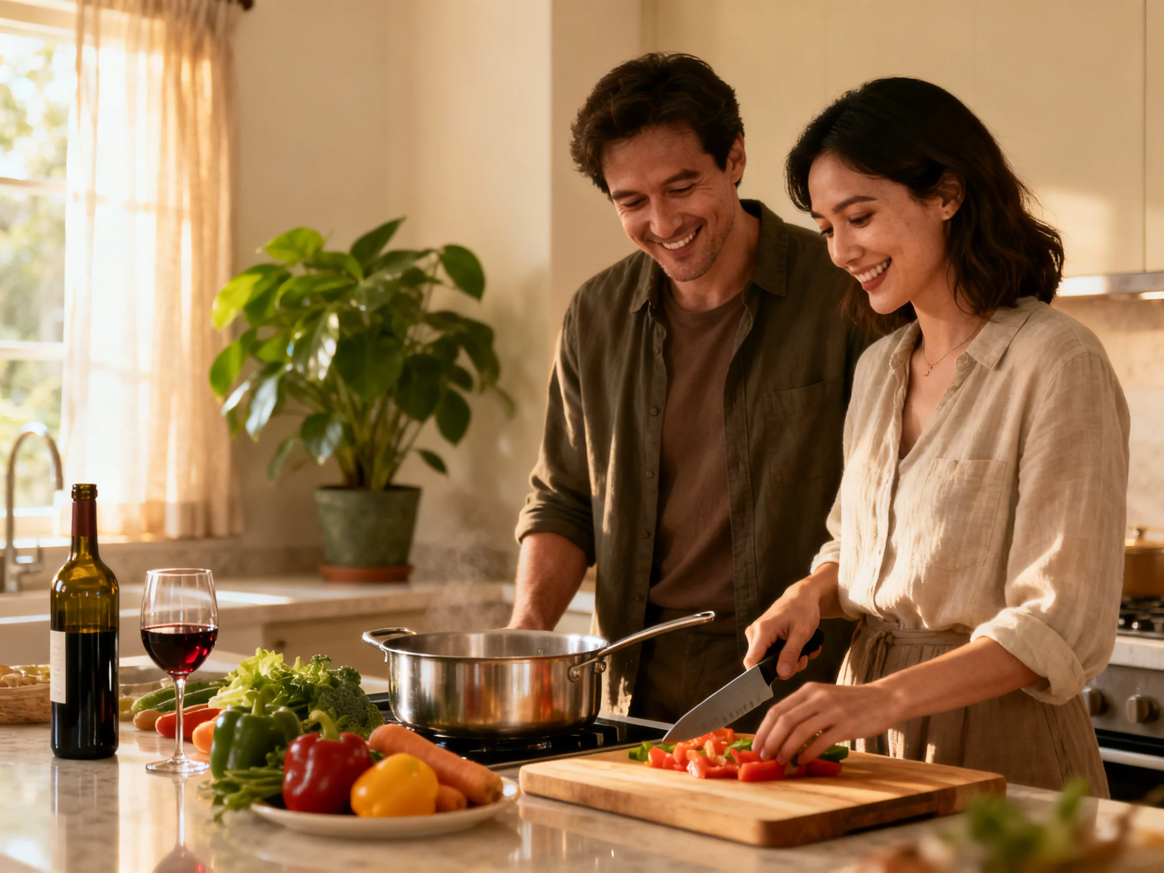 Couple preparing fresh vegetables in a cozy kitchen