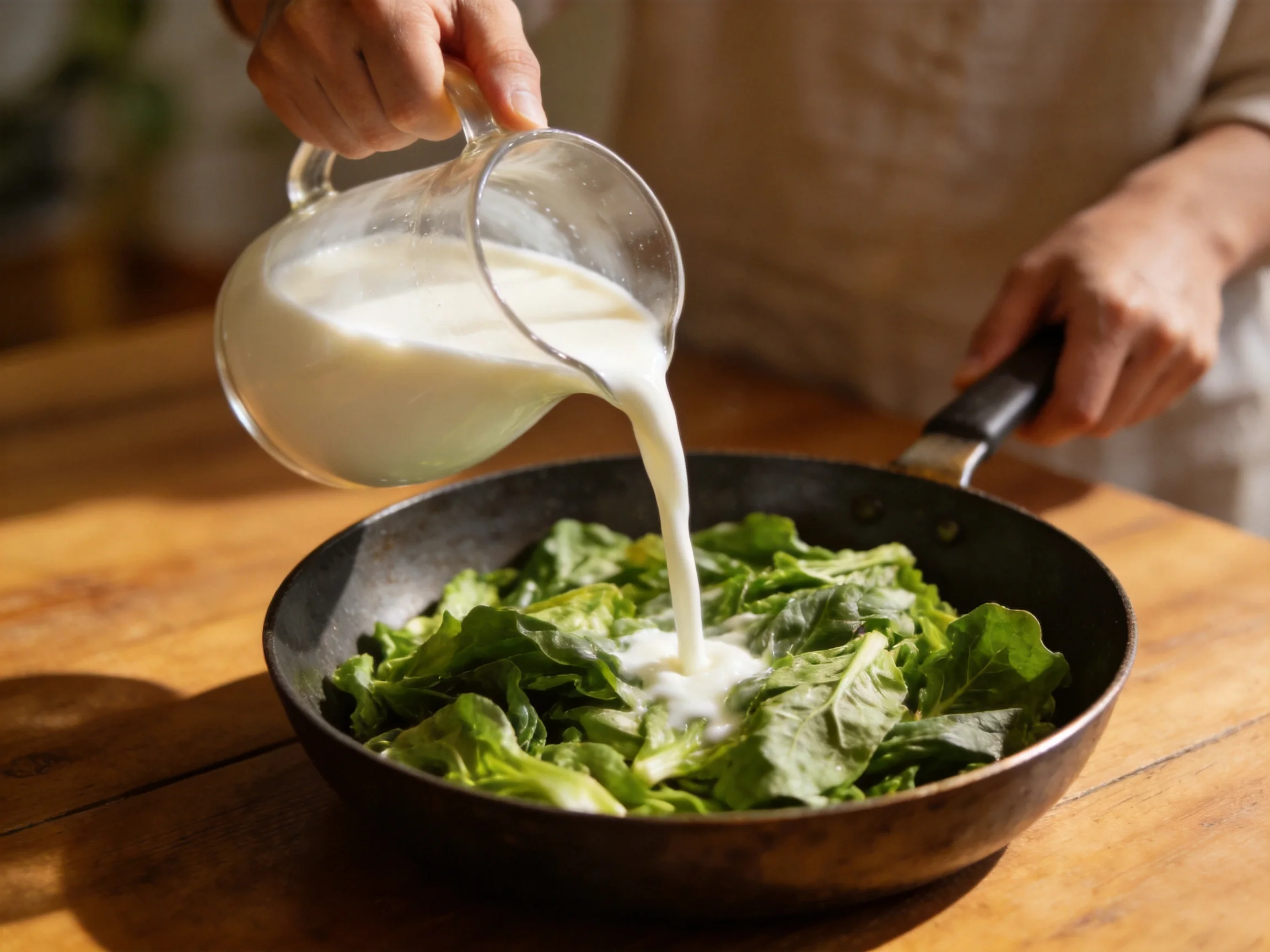 Creamy milk poured over fresh green leafy vegetables in a cast iron skillet