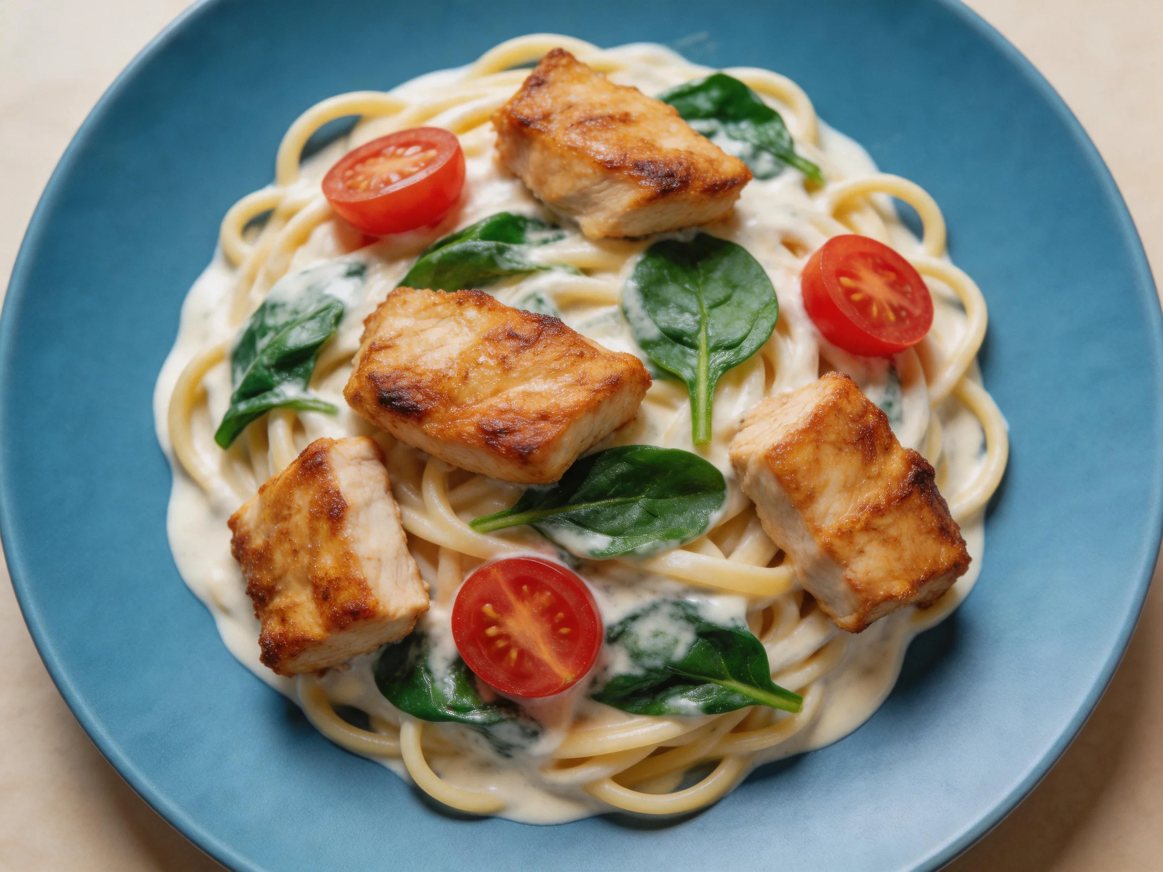 Creamy pasta with grilled chicken, spinach, and cherry tomatoes on blue plate